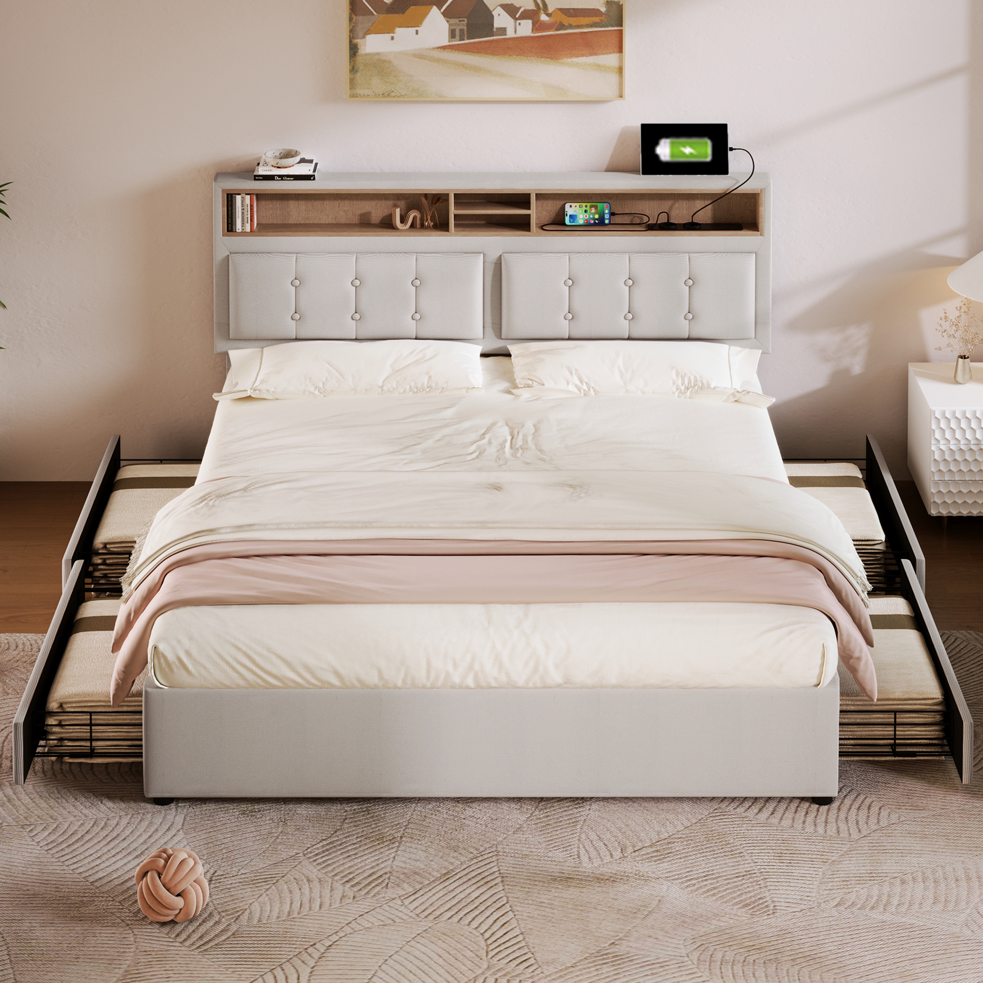 Doppelbett mit  4 Schubladen& USB C Steckdose, Pol