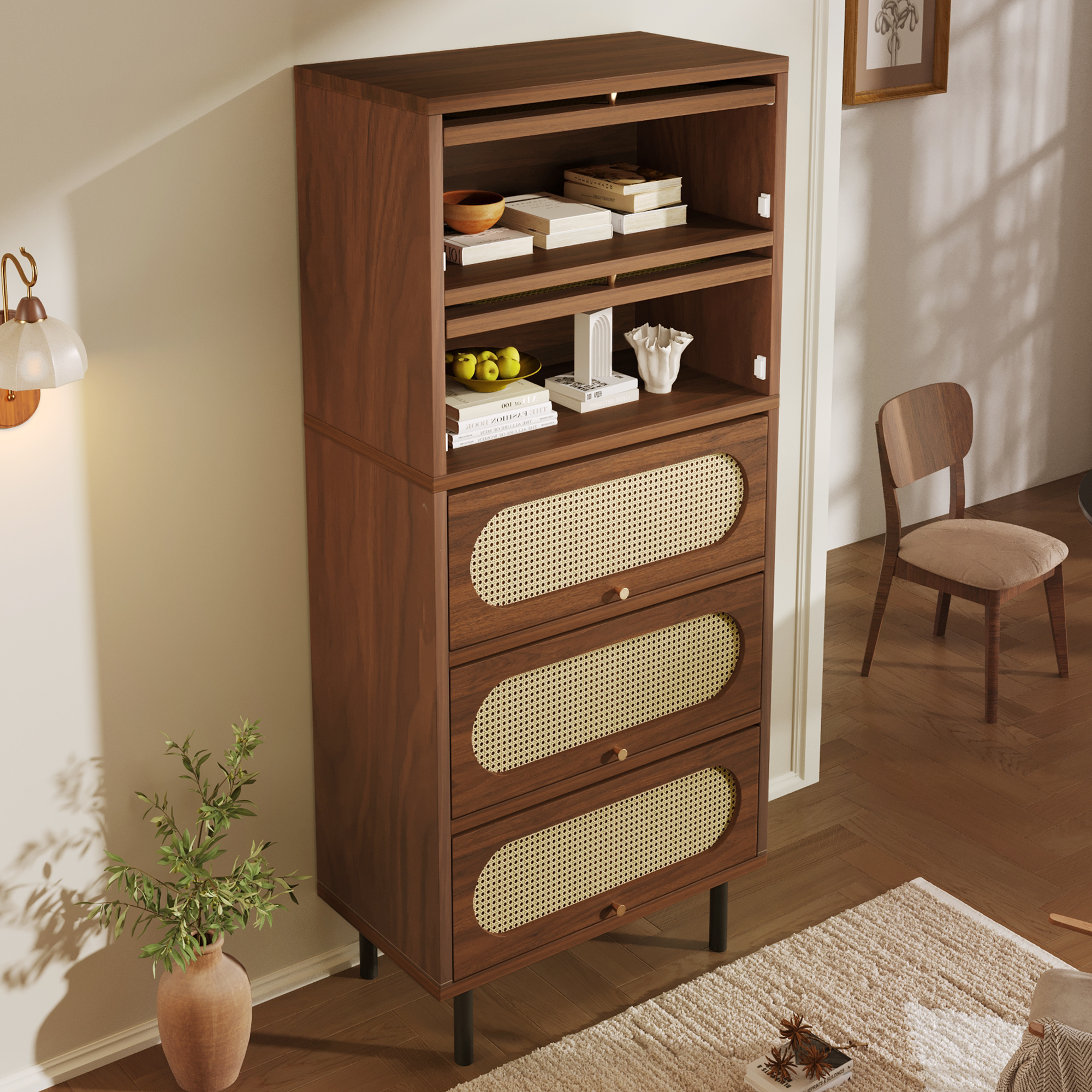 Commode, structure pliante, détails en rotin, 80 x 40 x 163 cm, métal, noyer - vue 7