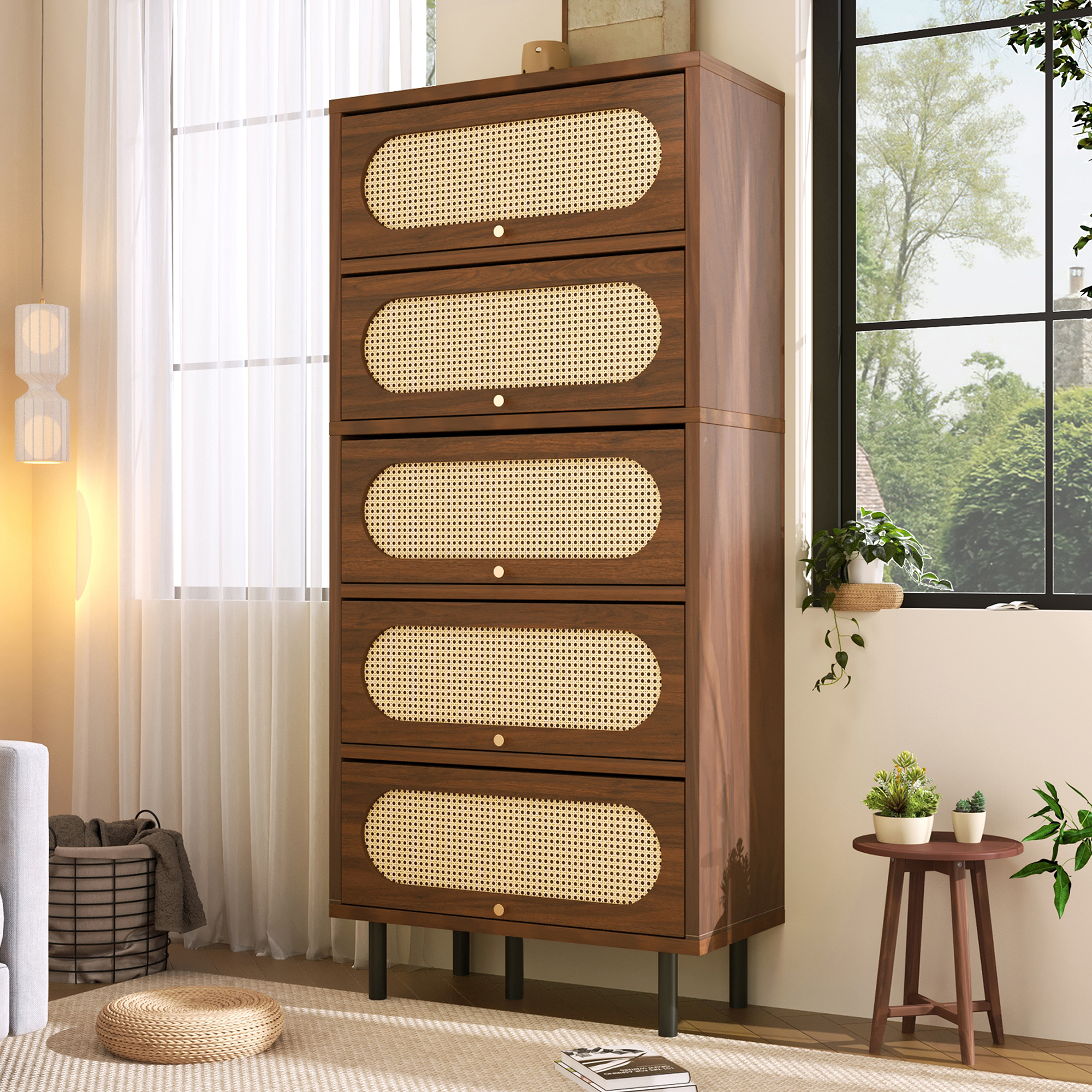 Buffet haut 80 cm, meuble de rangement avec 5 abattants, étagères réglables, panneaux de particules, MDF et métal, Effet noyer