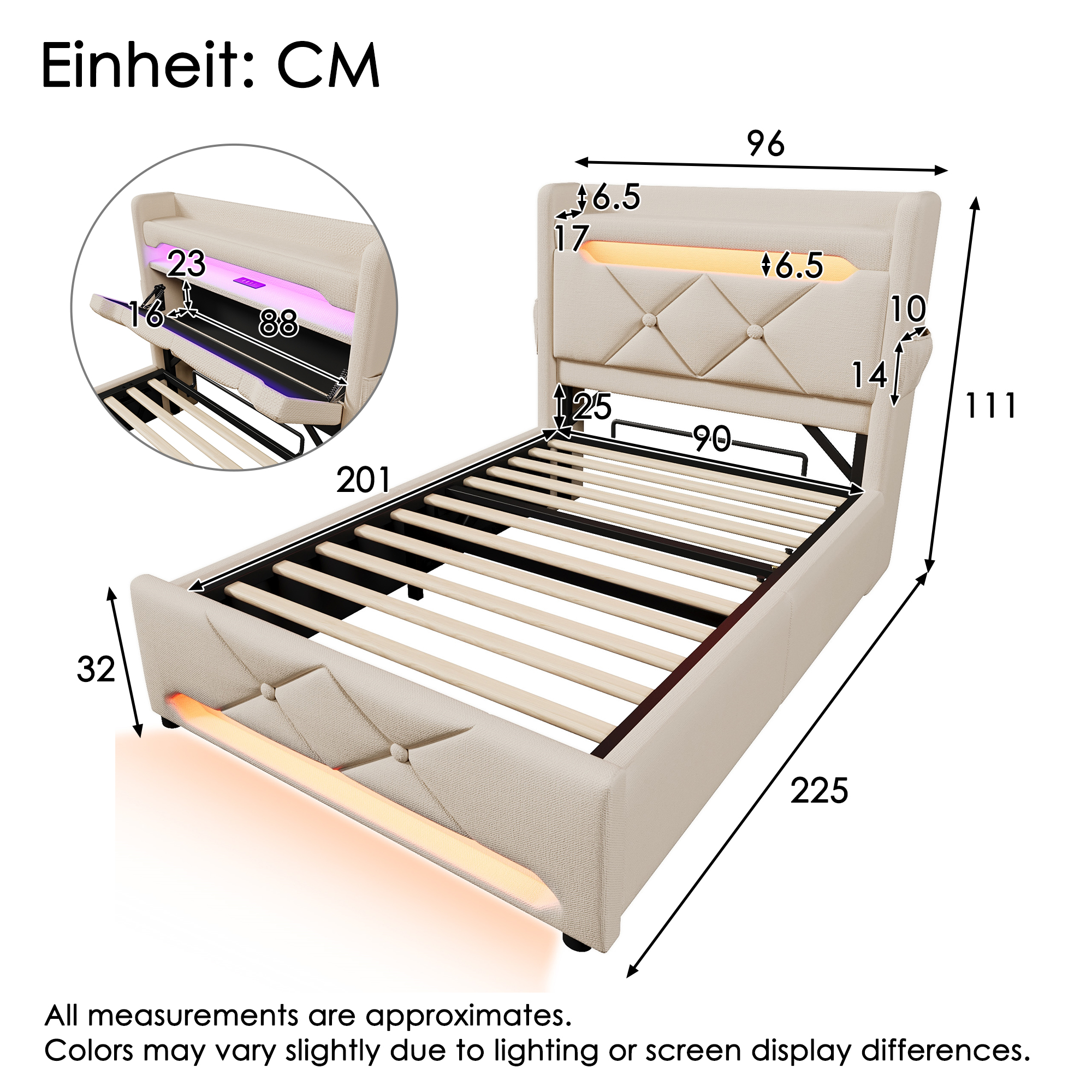 Polsterbett Einzelbett 90*200, Stauraum Kopfteil m