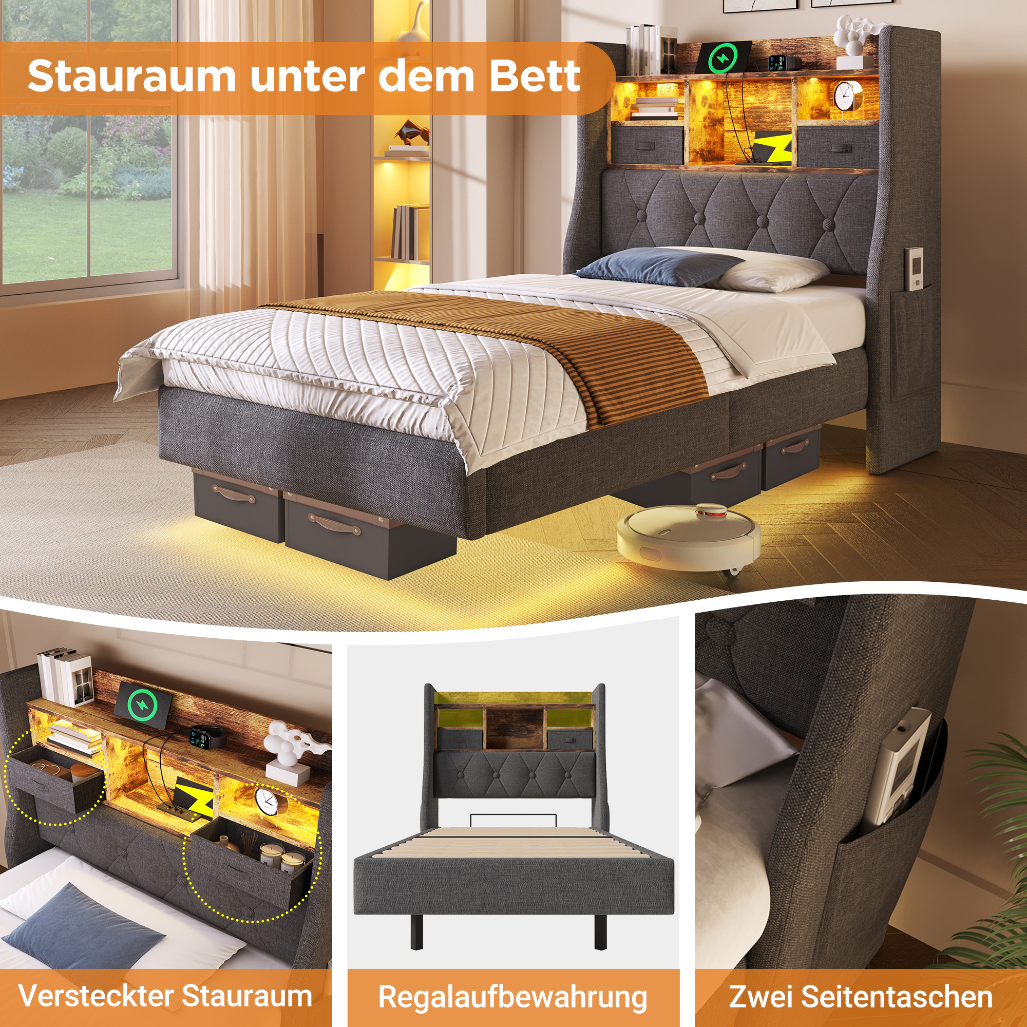 Polsterbett 140x200 cm Schwebebett mit LED-Beleuch