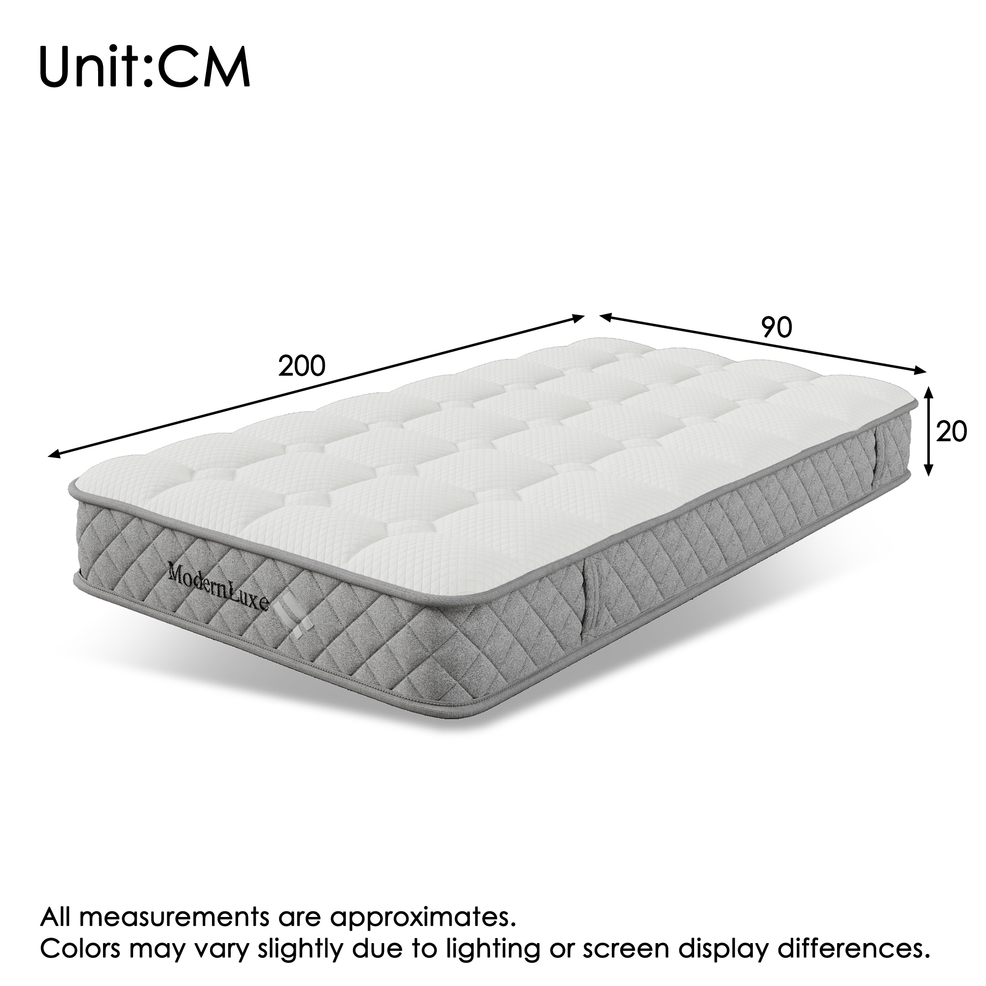 Lit rembourré simple 90 x 200 cm, tête matelassée, sommier lattes, matelas inclus, lin gris, 209 x 96 x 111 cm