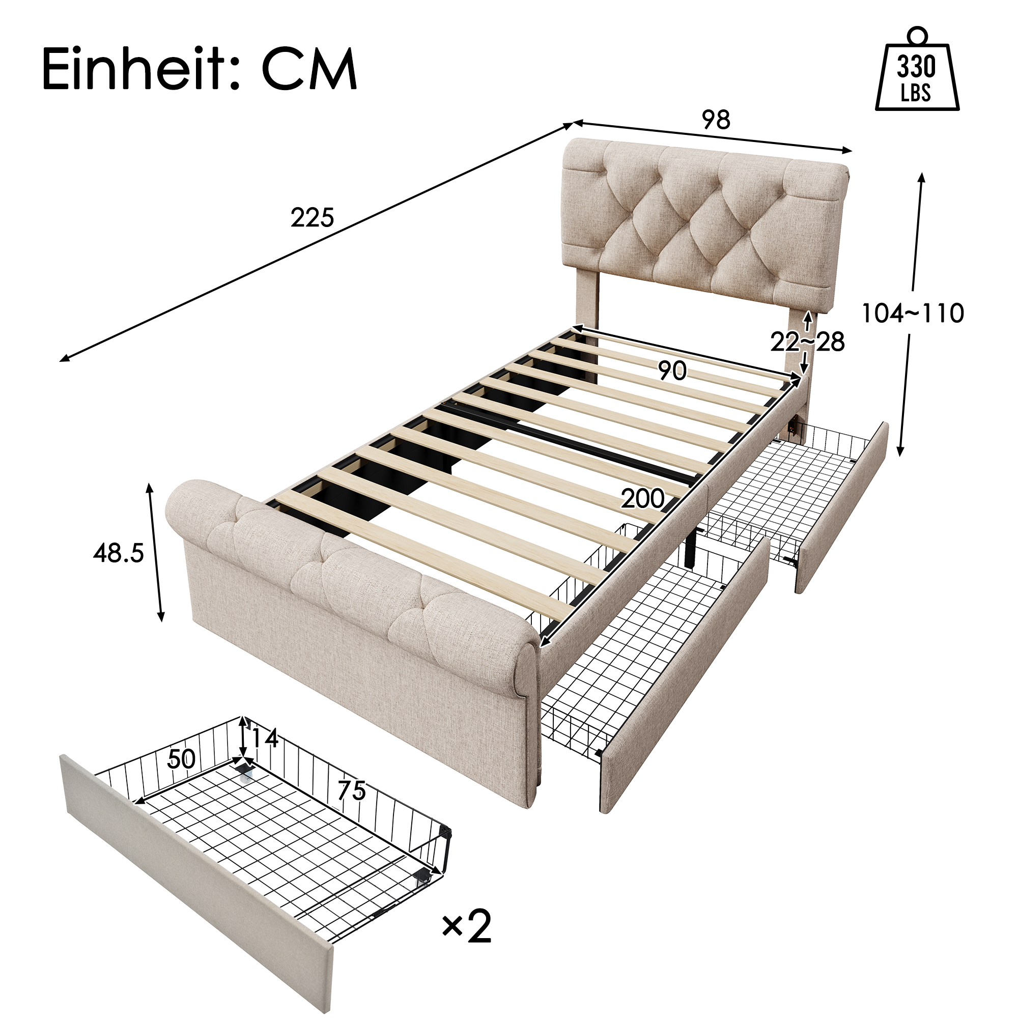 (=891112AAN) Einzelbett Polsterbett 90x200cm, Bett