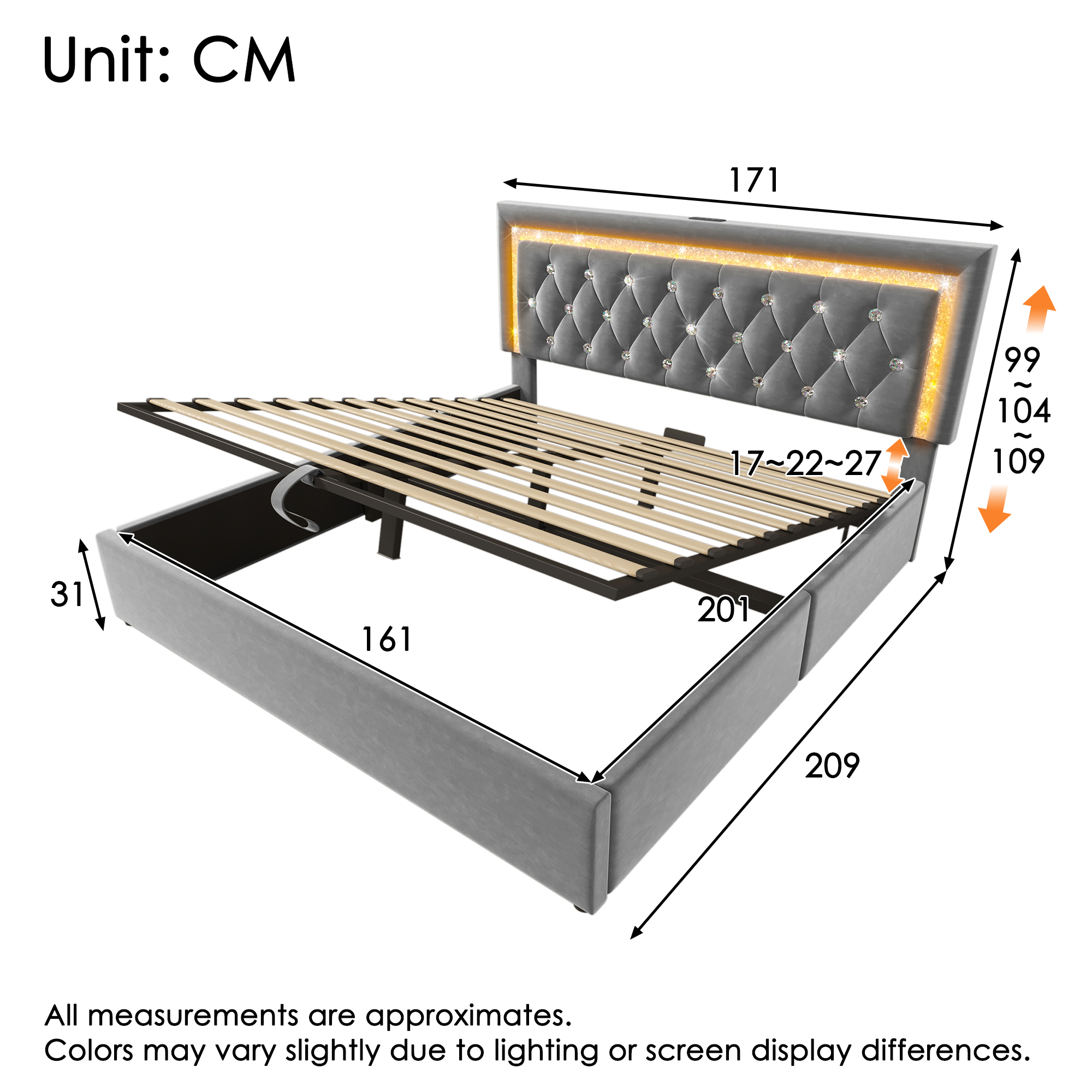 Polsterbett 160x200 cm Samt Doppelbett mit LED-Dia