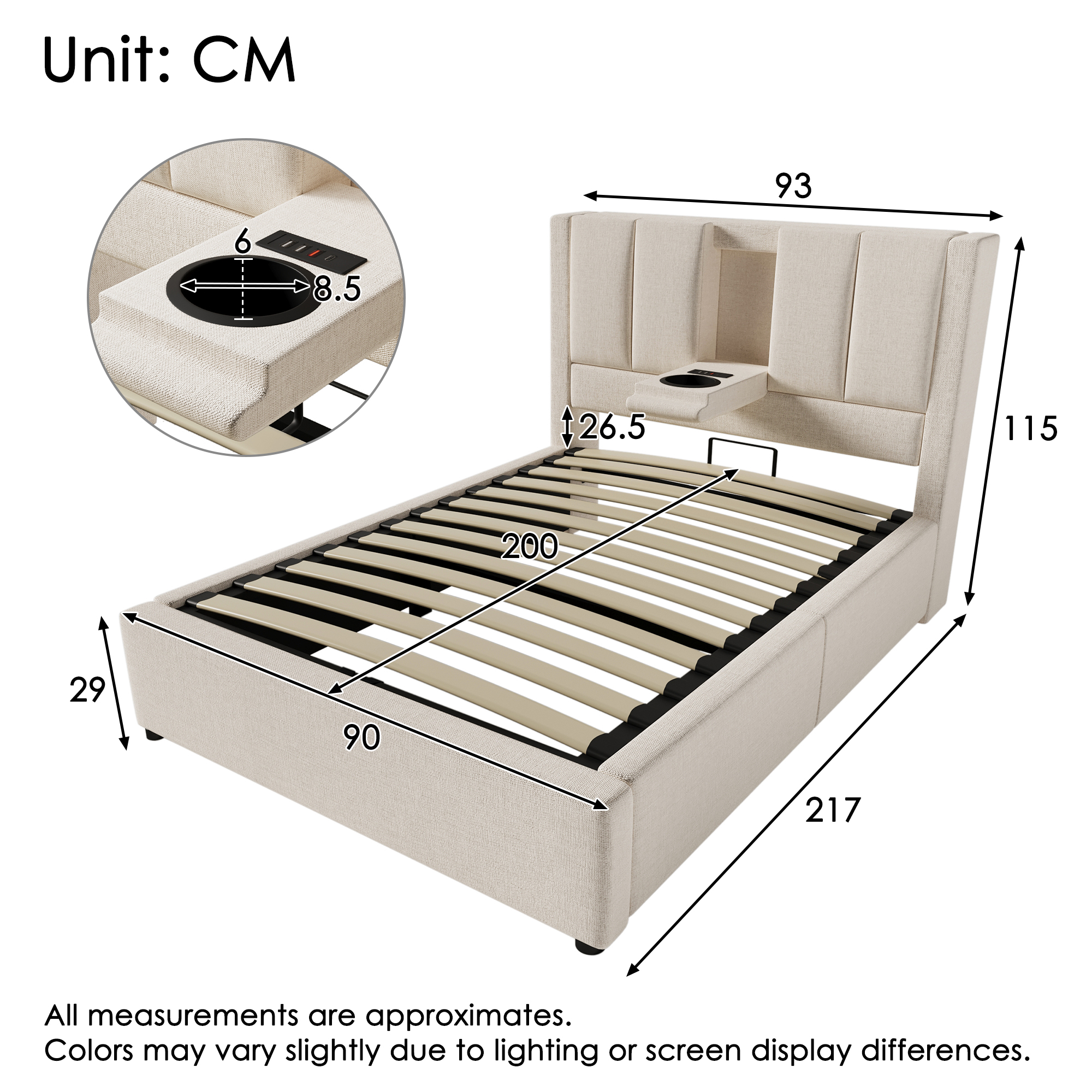 Dimensions et fonctions de Lit coffre rembourré en lin 90 x 200 cm avec rangement hydraulique, ports USB-C, porte-gobelet et sommier à lattes, Beige, sans matelas