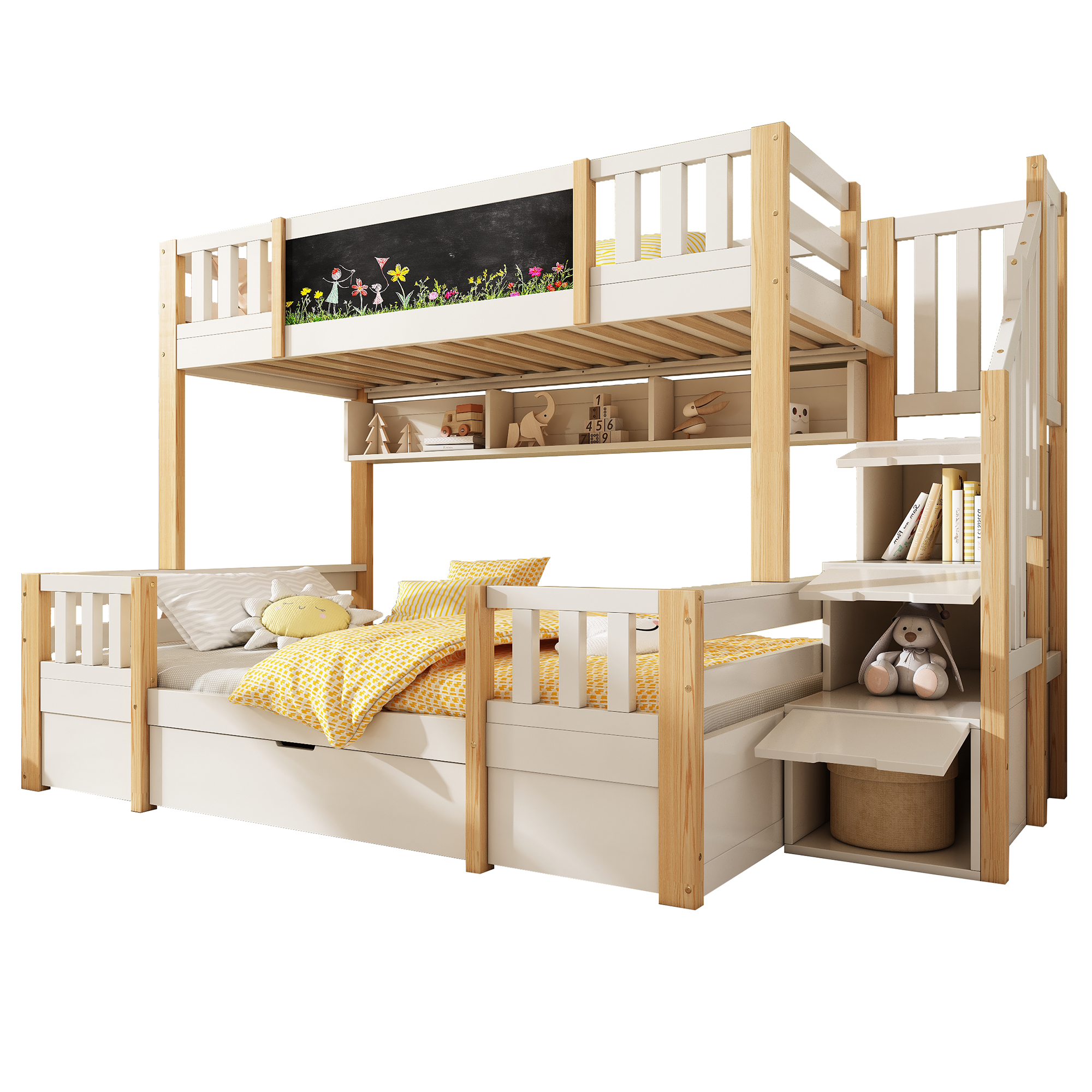 Lit mezzanine avec éclairage LED, rangements intégrés, roulettes, naturel et blanc - points forts 1