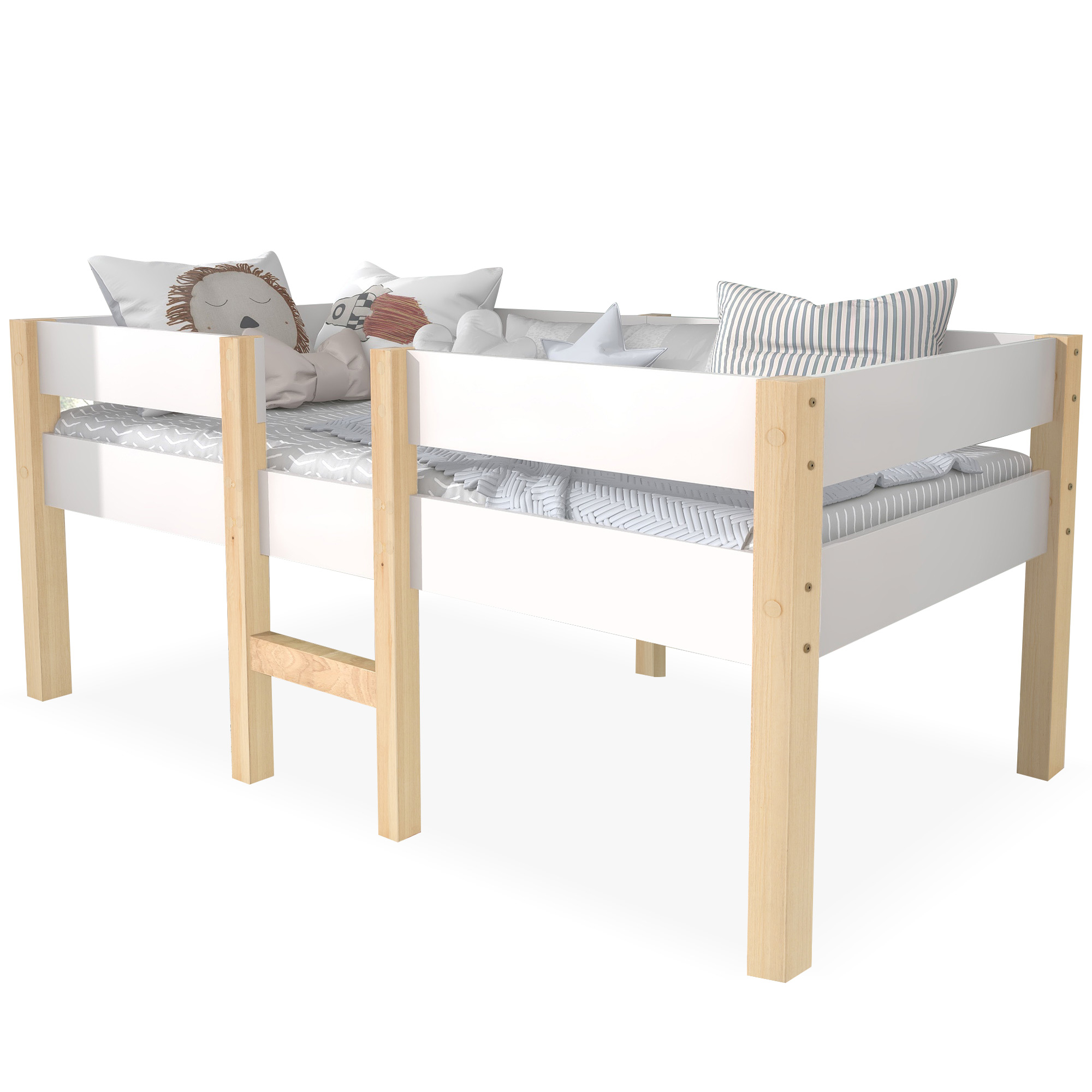 Lit mezzanine enfant blanc 90 x 190 cm, barrière et échelle, pin massif, 198 x 97 x 77 cm, blanc chêne
