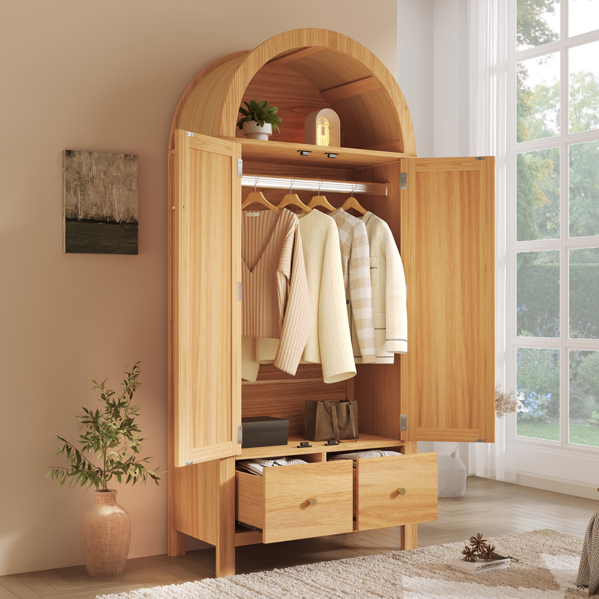 Détails des portes effet rotin et tiroirs de rangement