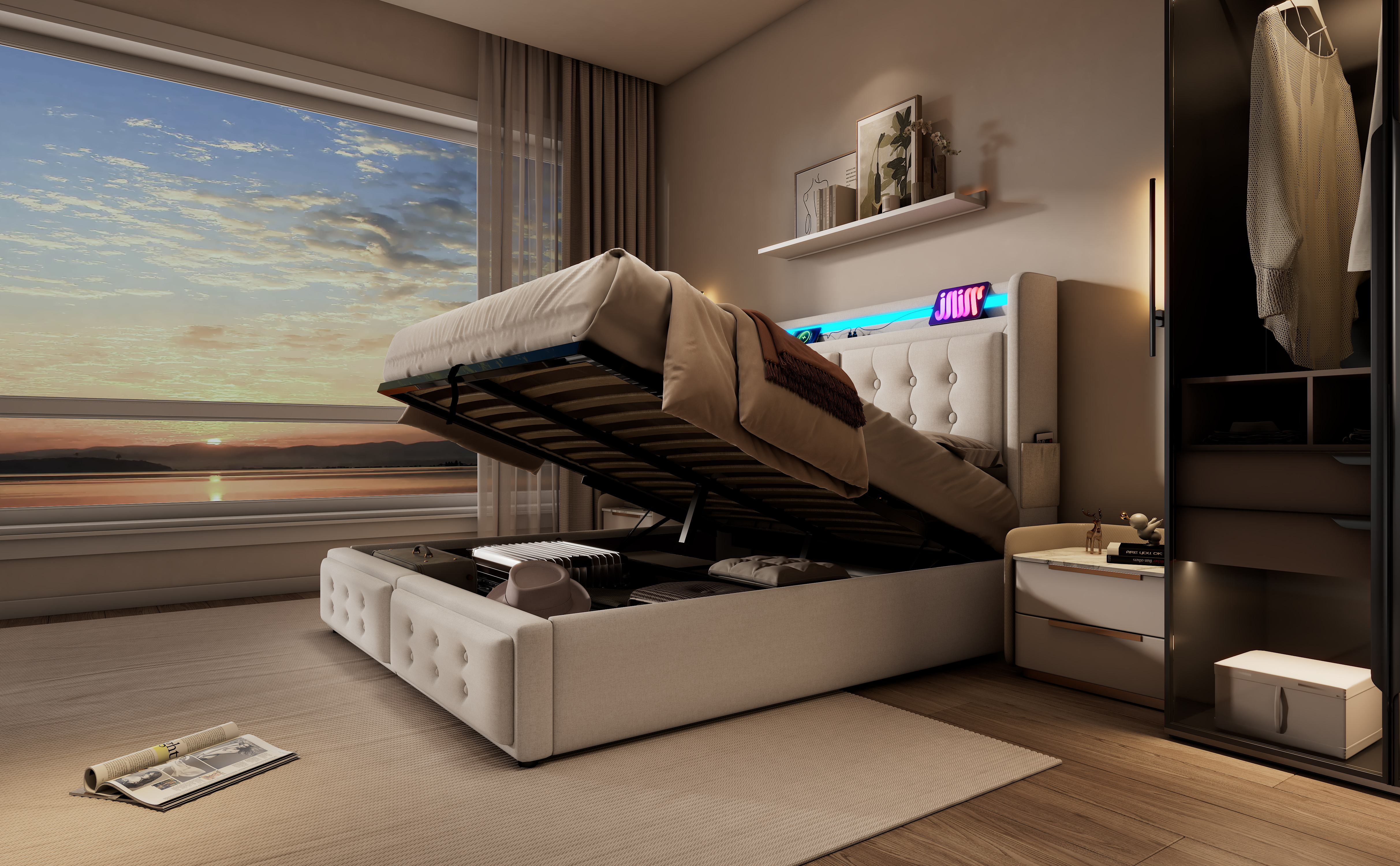 Polsterbett 140x200, Doppelbett mit Led-Kopfteil u