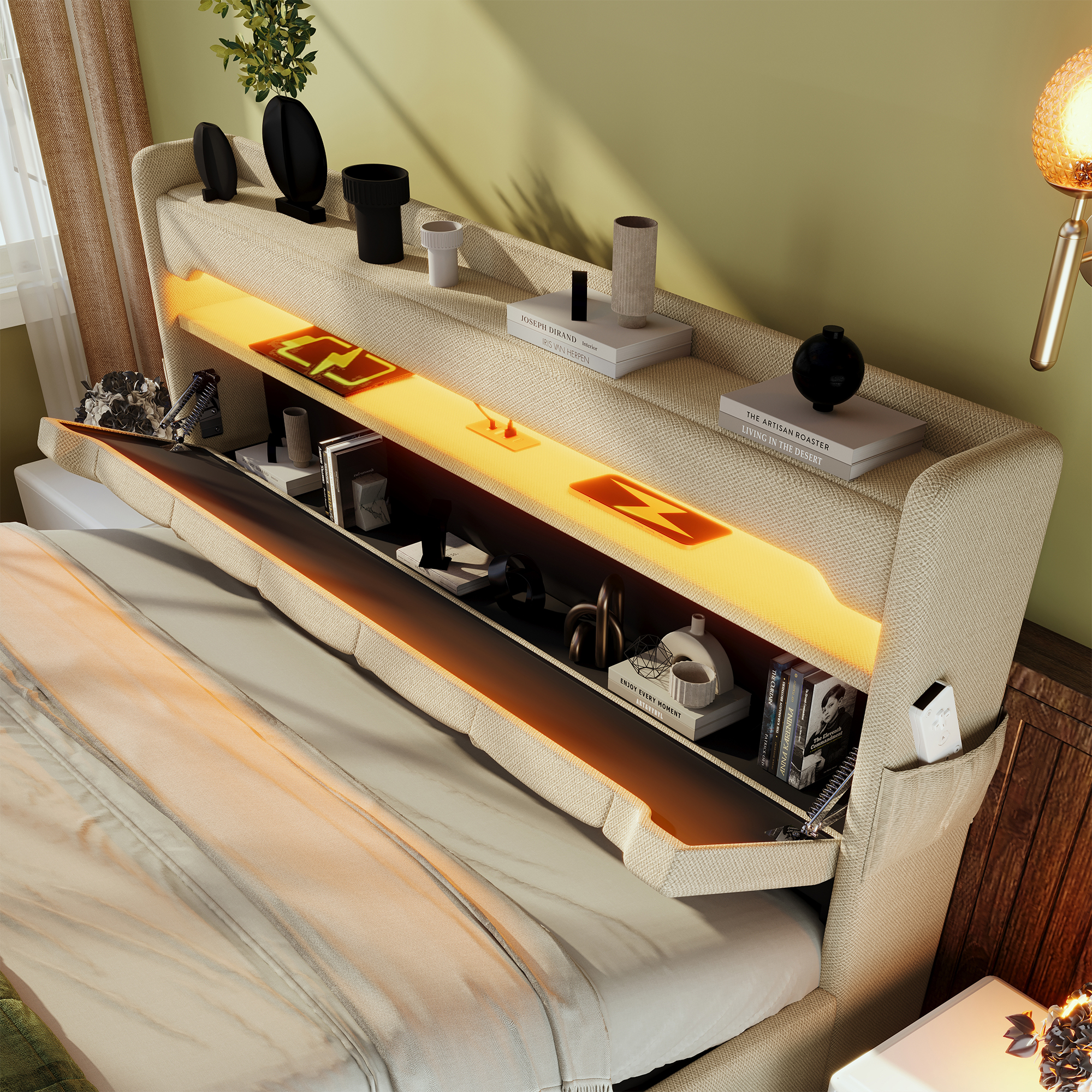 Lit rembourré, éclairage LED, ports USB, tête de lit, 140 x 190 cm, beige - vue 6