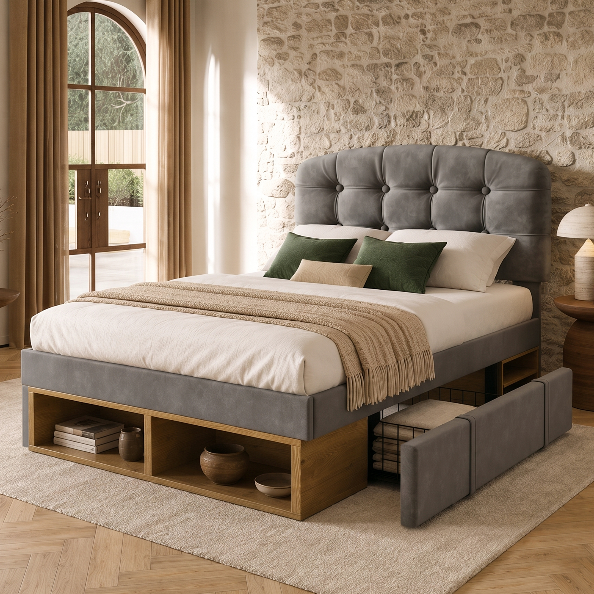 Einzelbett 90x200 Polsterbett Samt Grau mit Latten