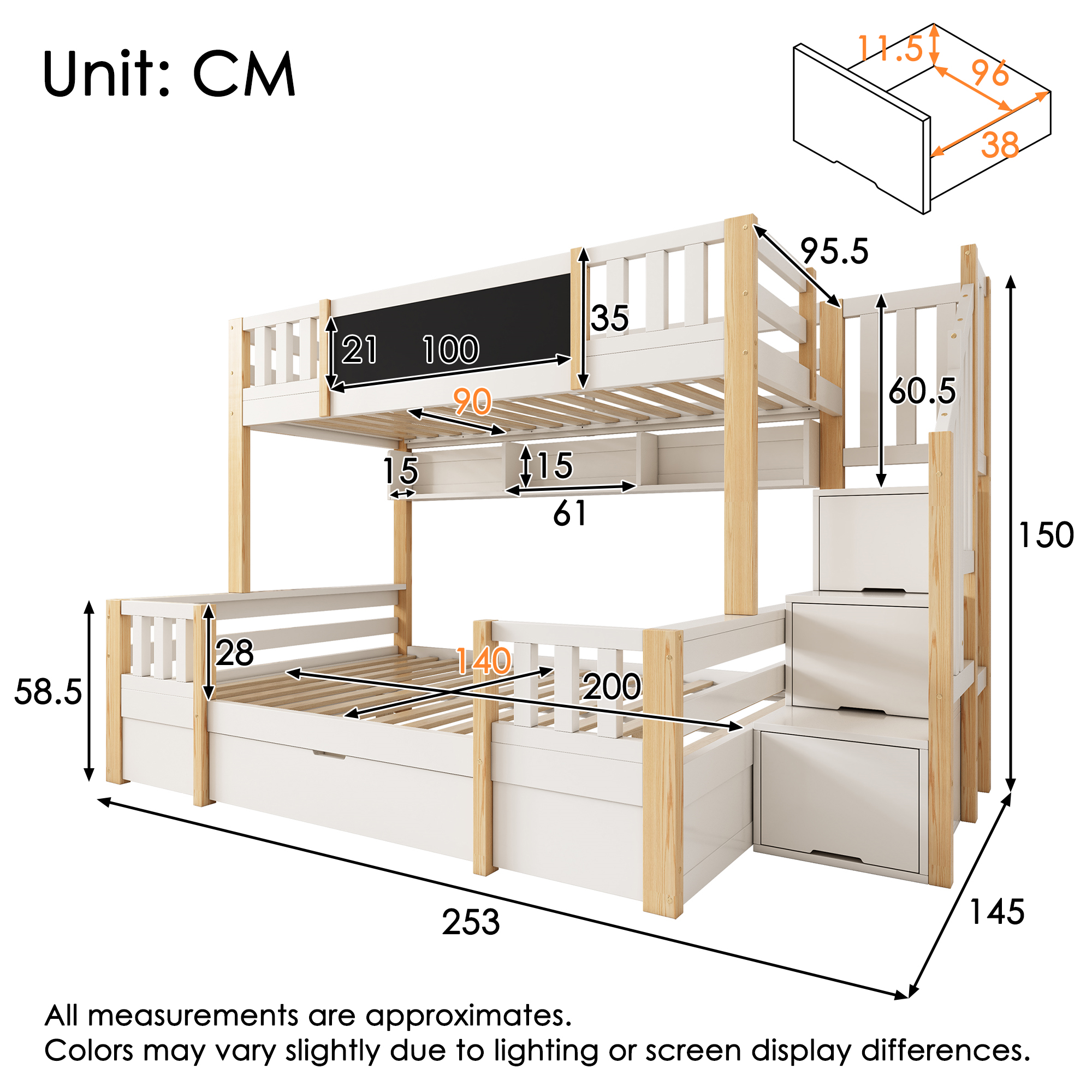 Lit mezzanine avec éclairage LED, rangements intégrés, roulettes, naturel et blanc - vue complémentaire 1