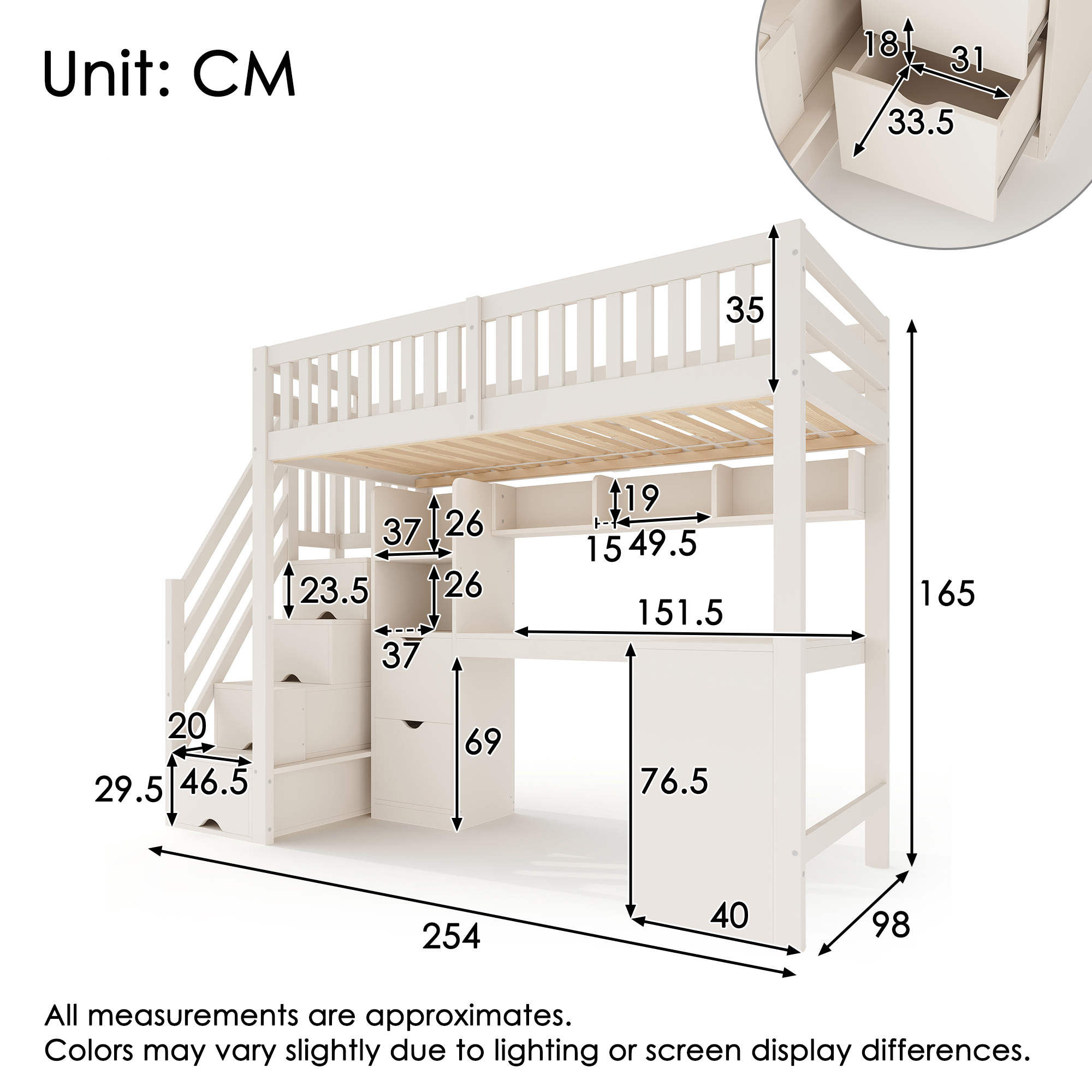Dimensions et fonctions de Lit mezzanine en bois 90 x 200 cm avec bureau d’angle, escalier avec rangements, tiroirs et barrières de sécurité, Blanc, sans matelas
