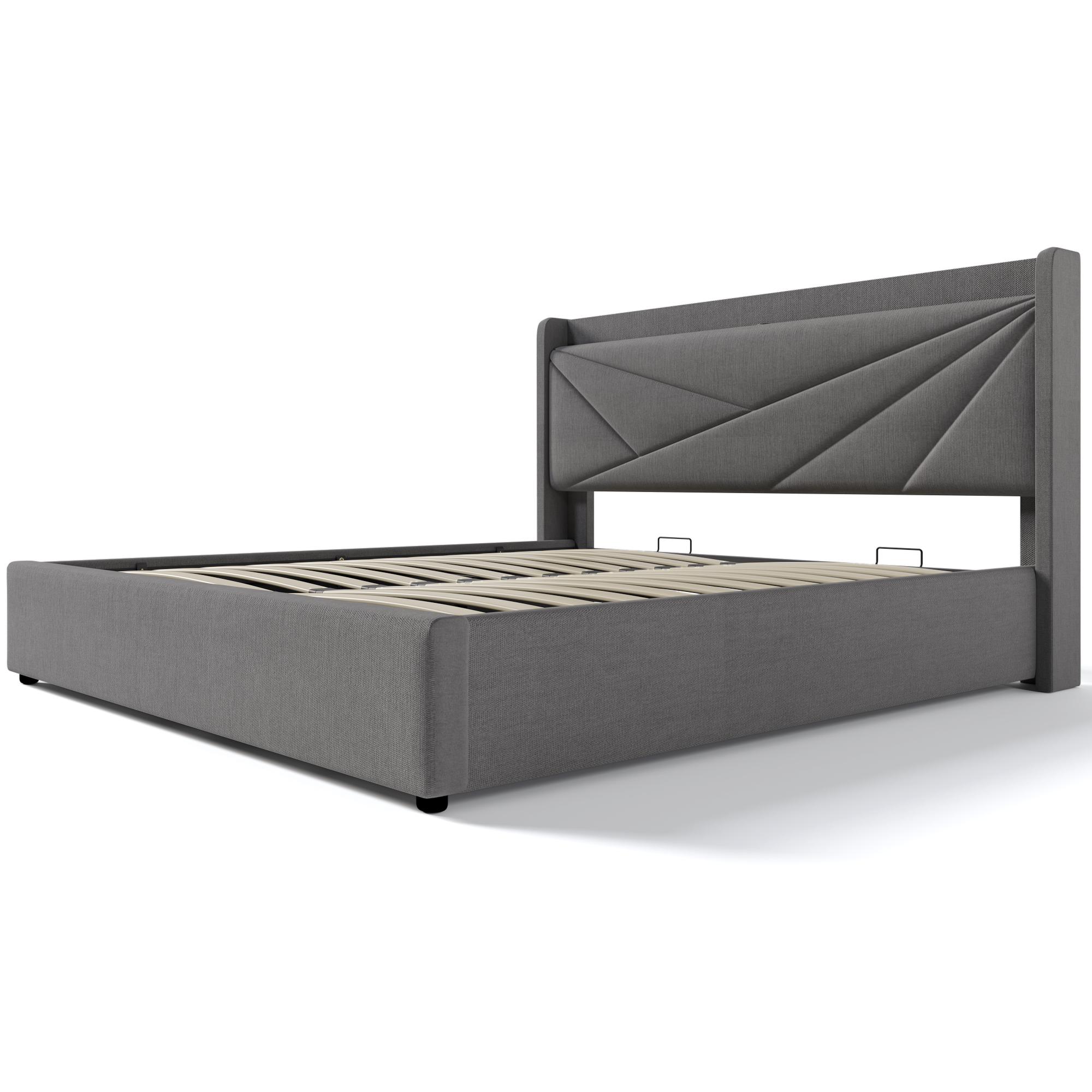 Lit avec tête de lit géométrique en tissu twill, USB et USB-C intégrés, cadre en fer capacité 660 lbs, lattes incluses, design moderne, pour chambre, recharge appareils au lit, confort et stabilité - image 9