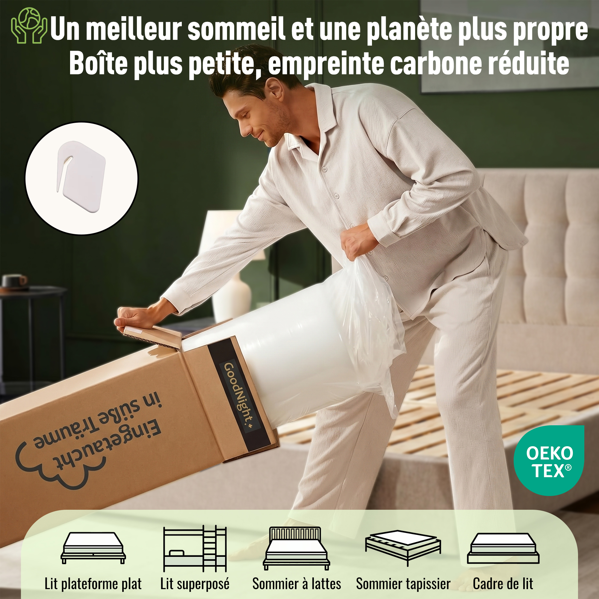 Matelas, 90 x 190 cm, 15 cm d’épaisseur, fermeté H3, 7 zones de confort, ressorts ensachés, mousse de confort, certification OEKO-TEX, polyester, blanc - vue 2