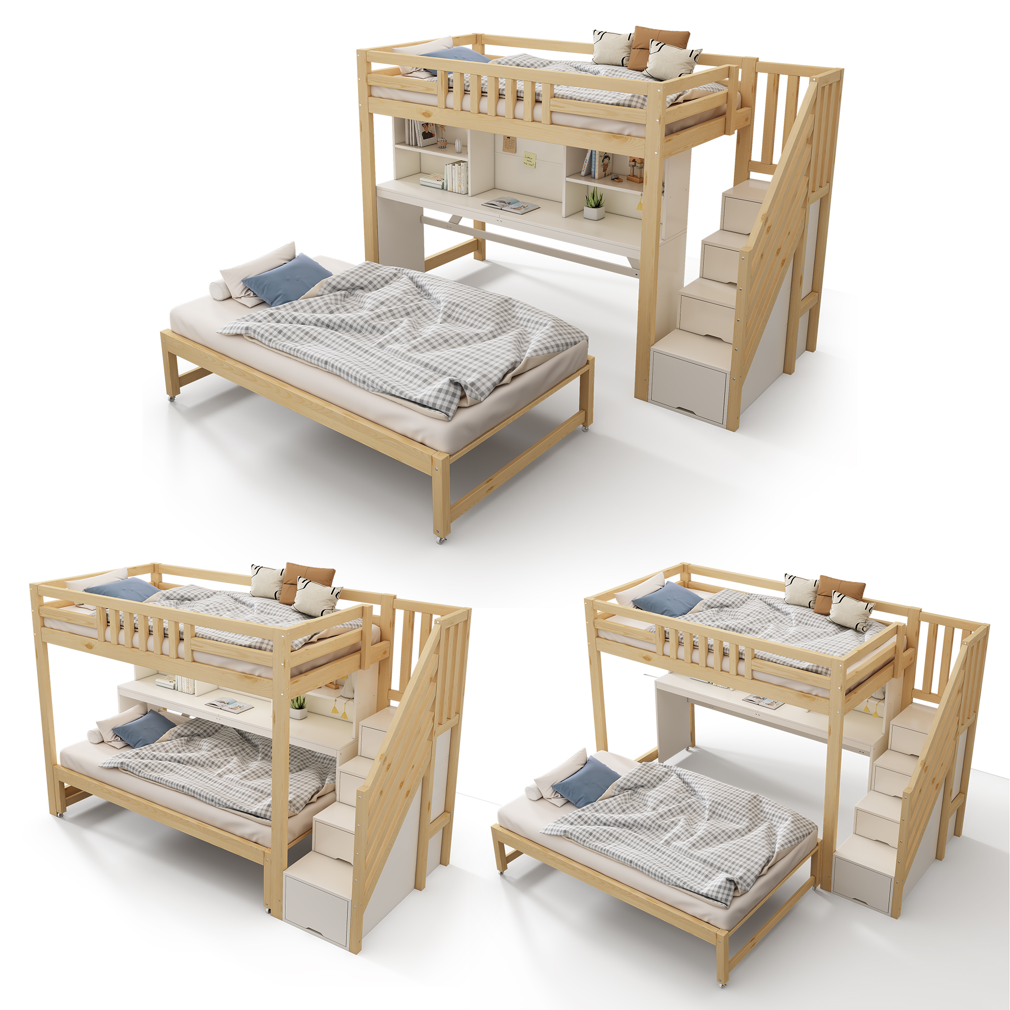 Détails de Lit superposé en bois 90 x 200 cm + 90 x 190 cm avec lit gigogne, bureau mobile, escalier avec rangements et espace inférieur ouvert