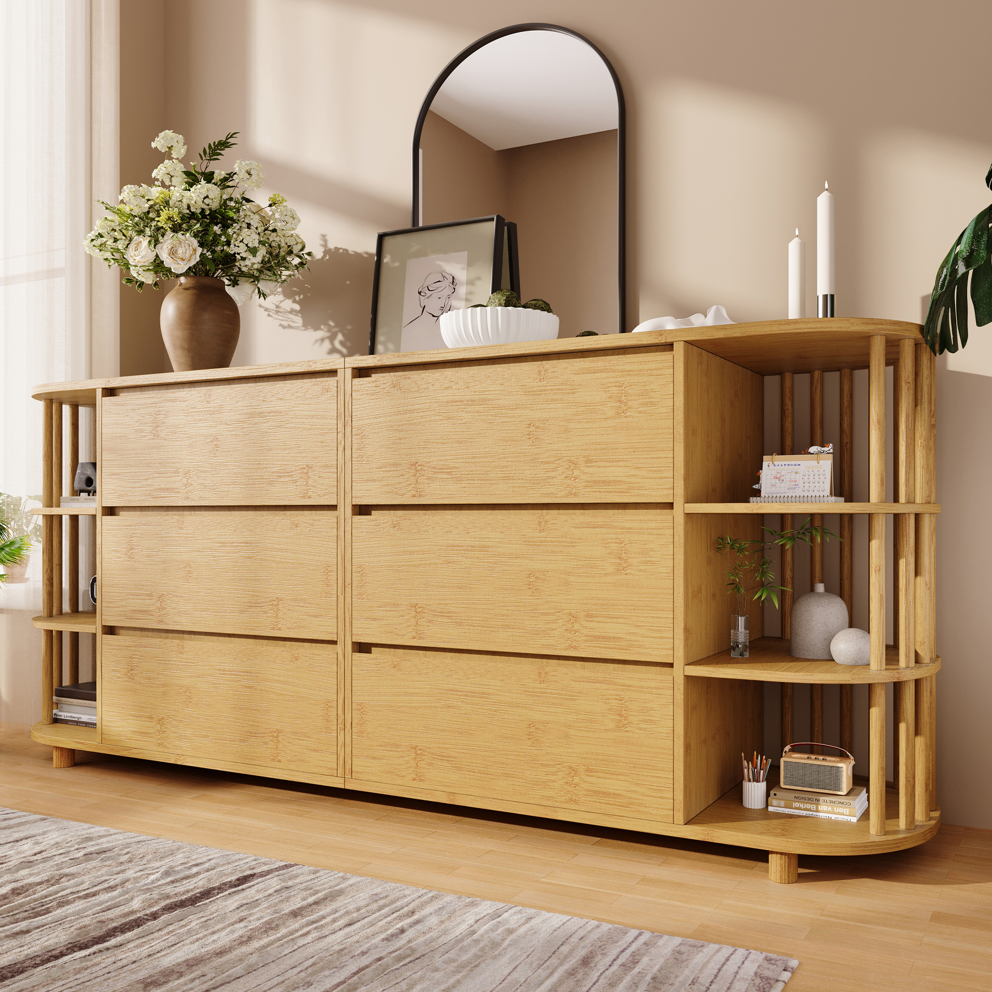 Meuble de rangement, hauteur réglable, avec tiroirs, 160 x 40 x 75 cm, MDF, chêne - vue 1