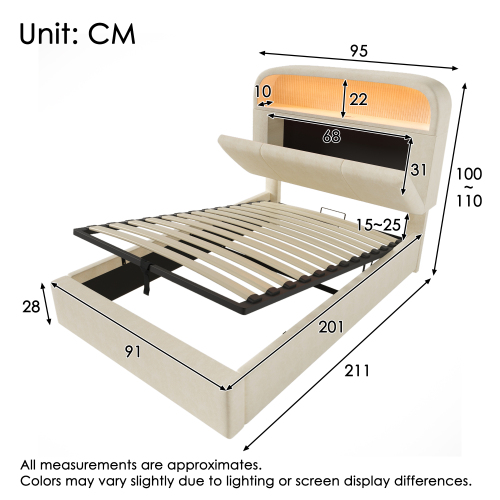 Dimensions du lit coffre beige 90x200 cm