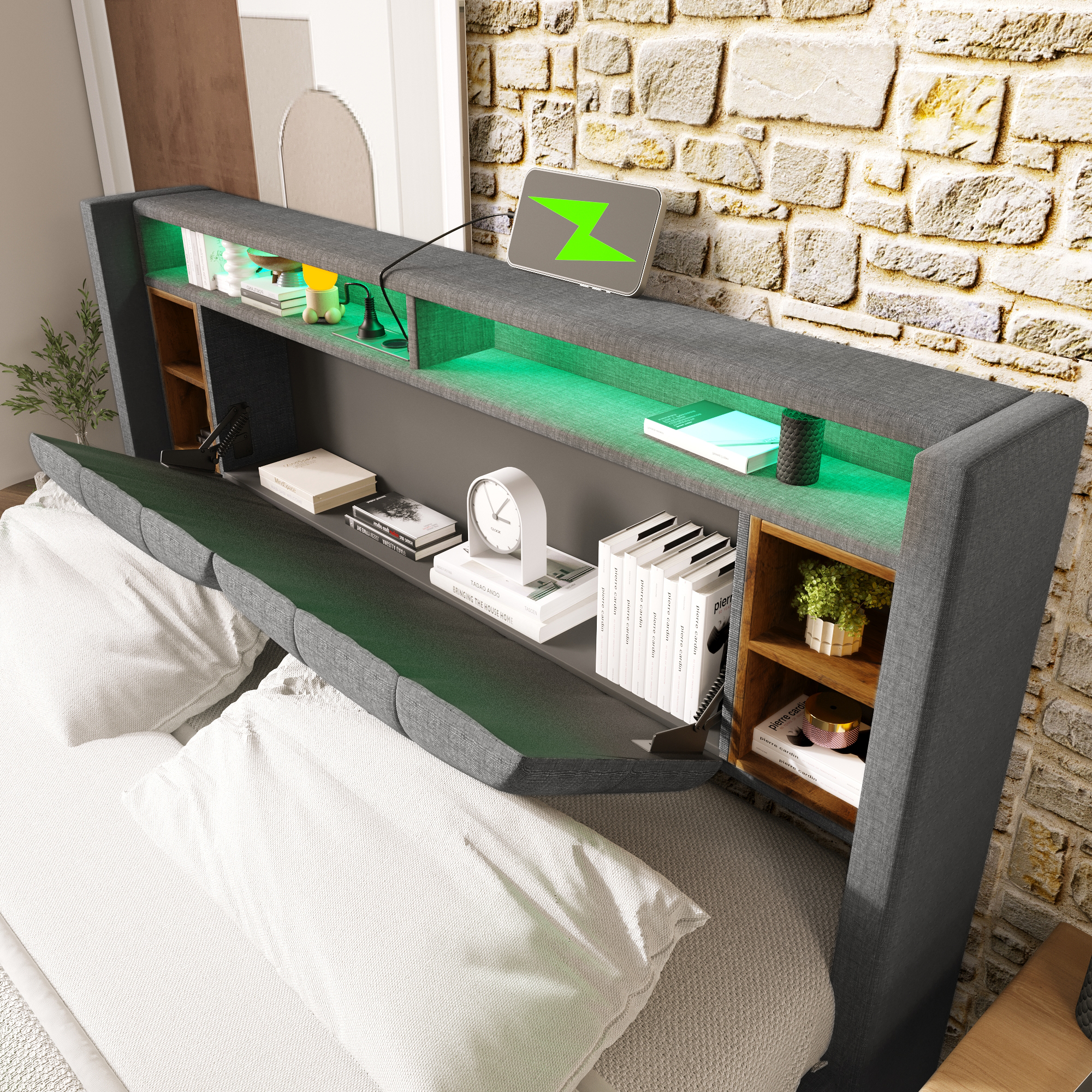 Polsterbett Doppelbett Stauraum-Kopfteil Bett mit 