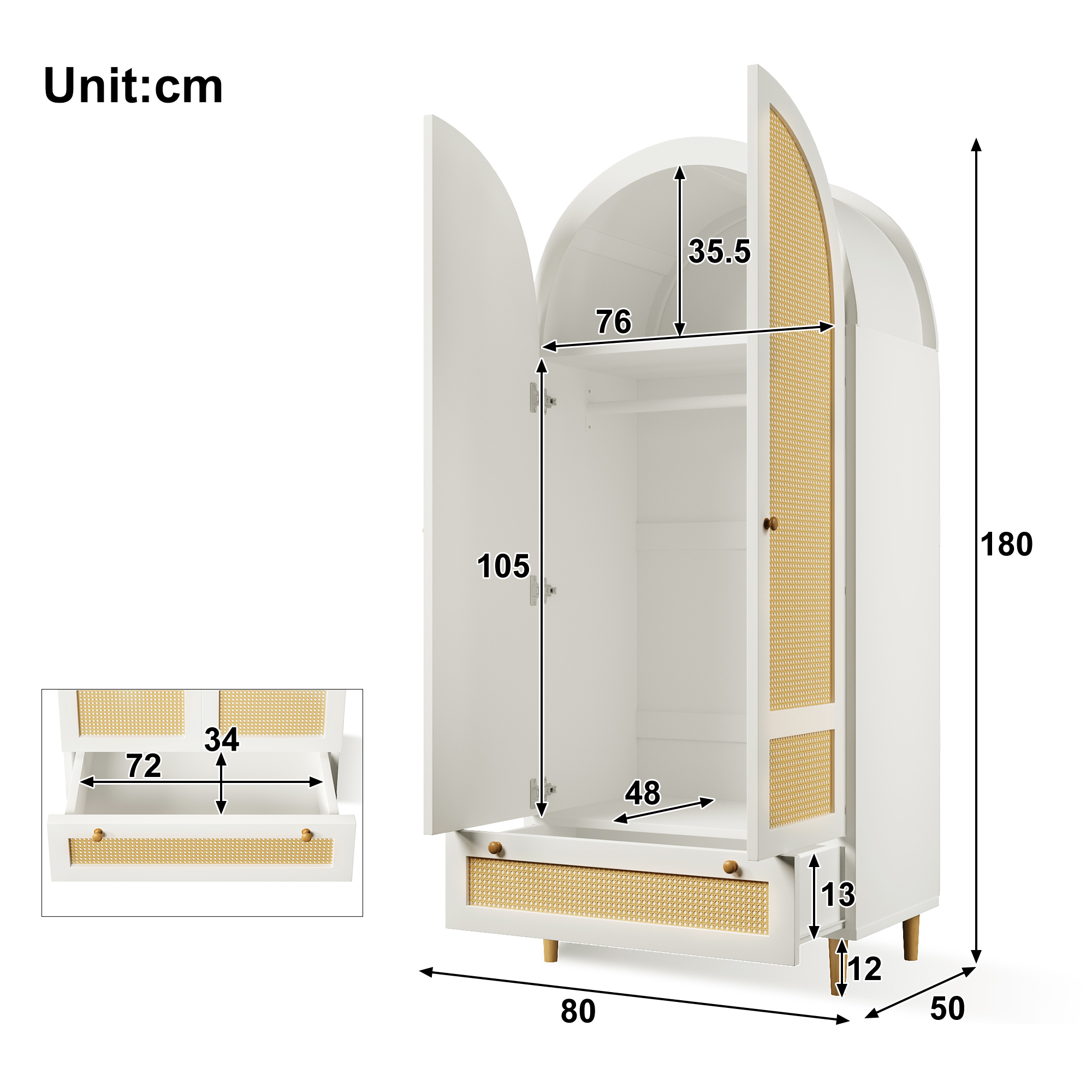 Armoire-penderie, avec tiroirs, détails en rotin, 80 x 50 x 180 cm, rotin et bois, blanc - vue 2