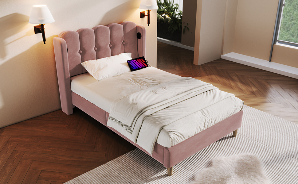 Matelas 406 ressorts + 2 mousses certifiée Oeko-Tex, lit avec tête de lit design panneau en velours rose, style rustique chaleureux, pour chambre, sommeil confortable, couleur rose clair, design élégant - image 20