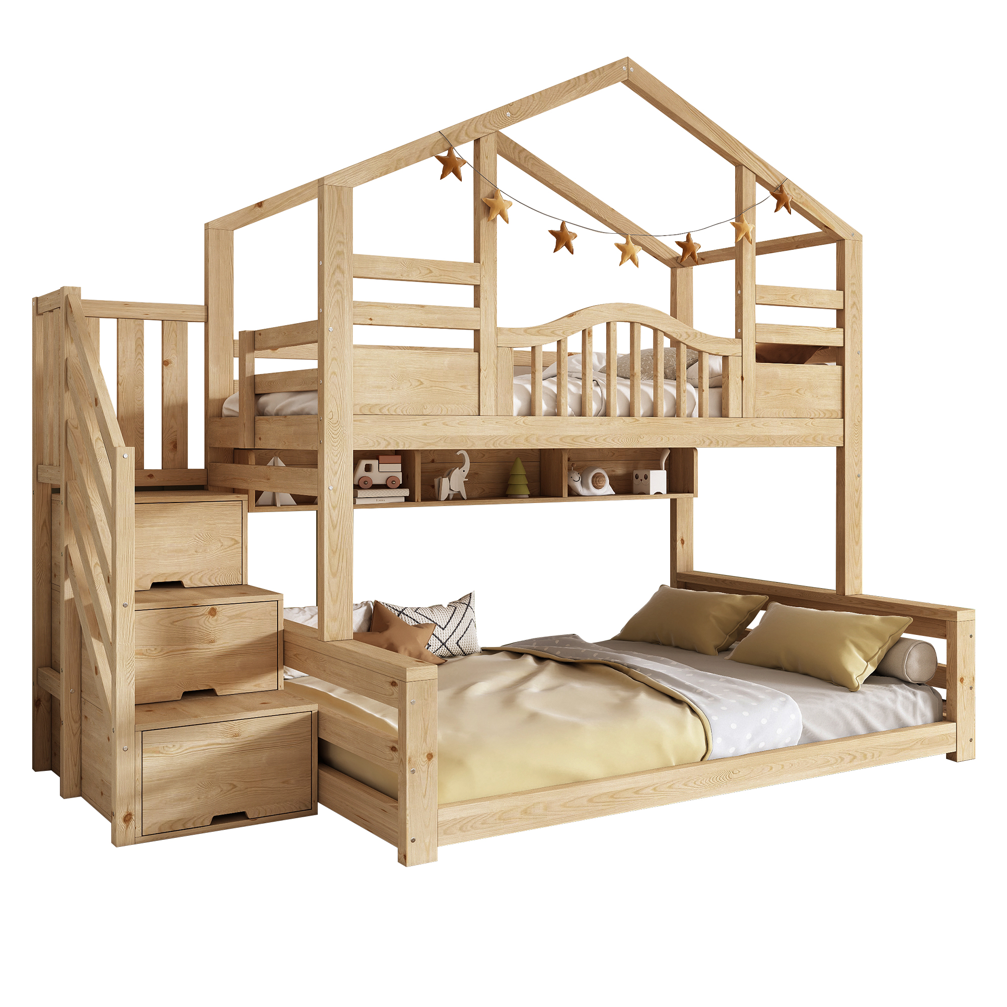 Lit superposé avec éclairage LED, port USB / Type-C, rangements intégrés, beige et naturel - points forts 1