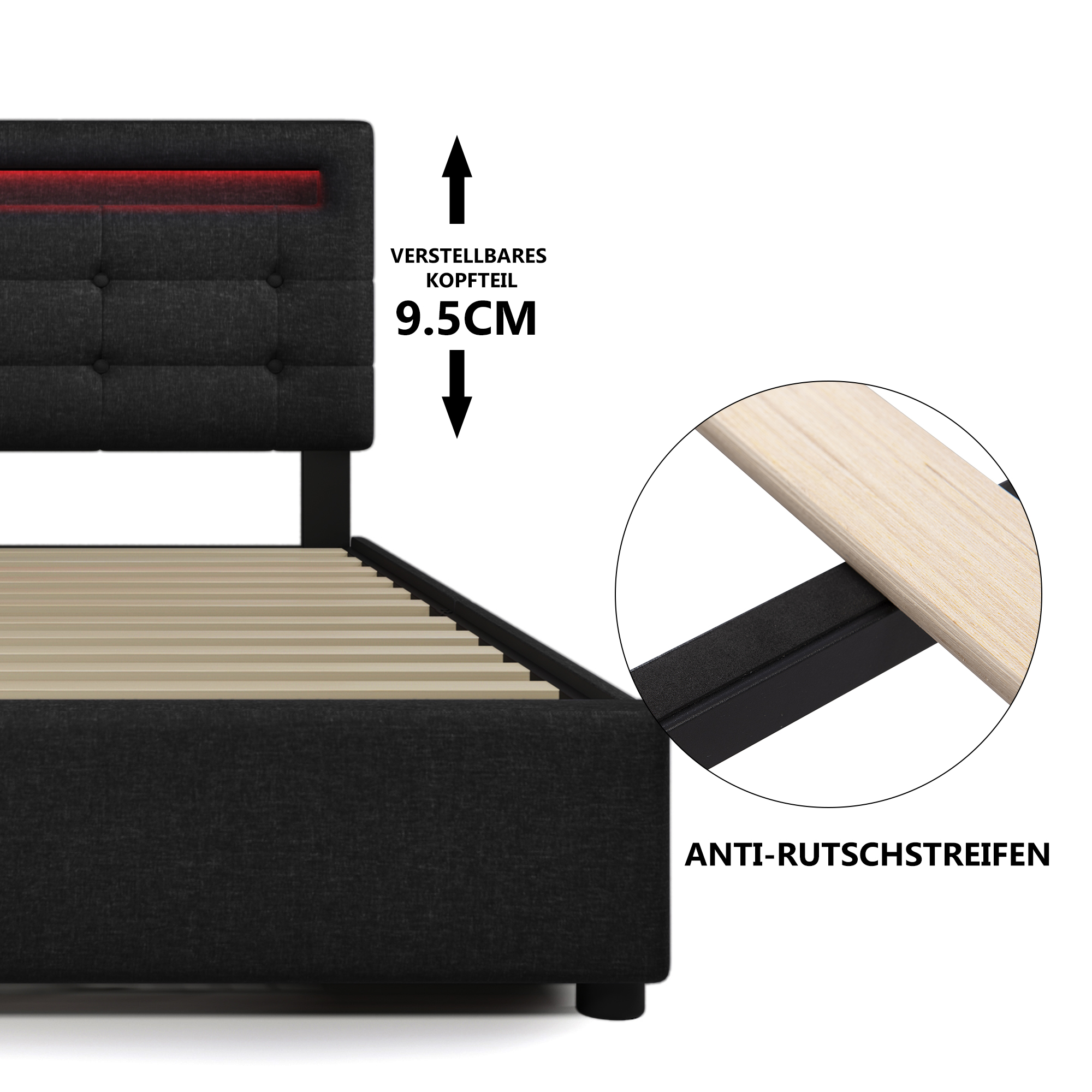 Bettgestell mit LED-Beleuchtung und 2 Schubladen, 