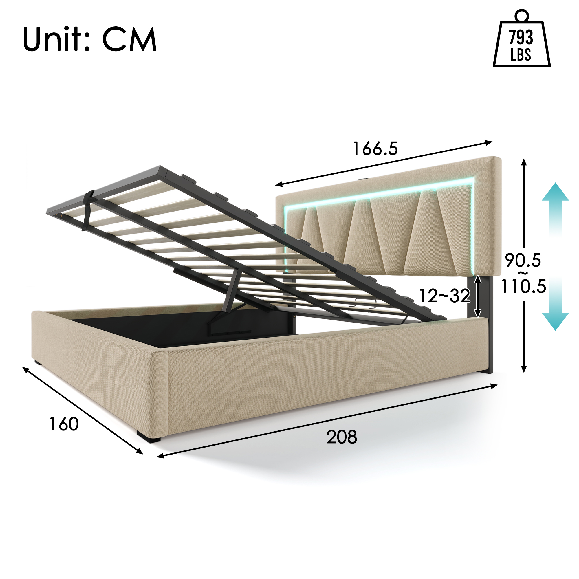 Polsterbett LED Doppelbett mit USB Typ C Ladefunkt