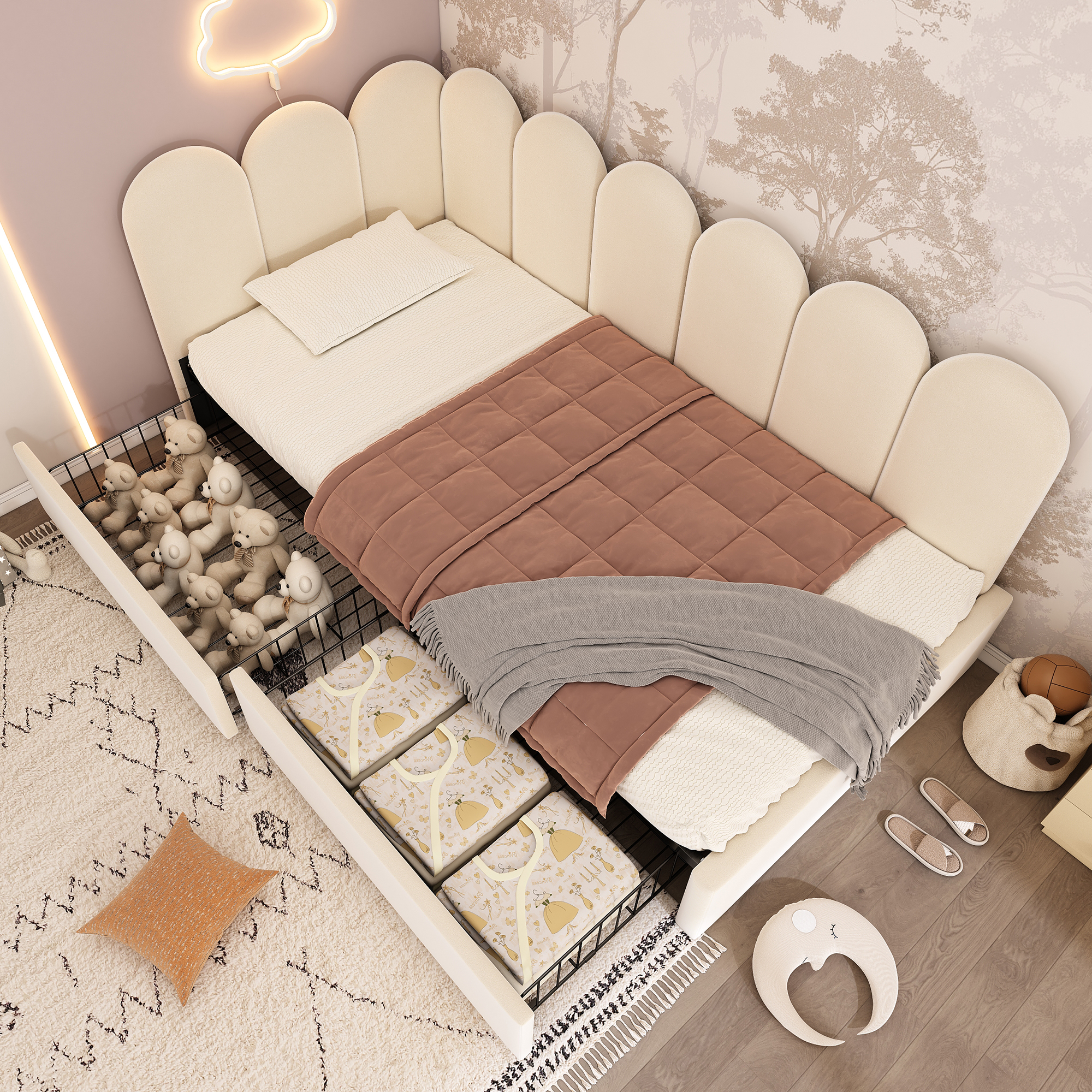 Lit enfant, avec tiroirs, 90 x 190 cm, velours, beige - vue 3