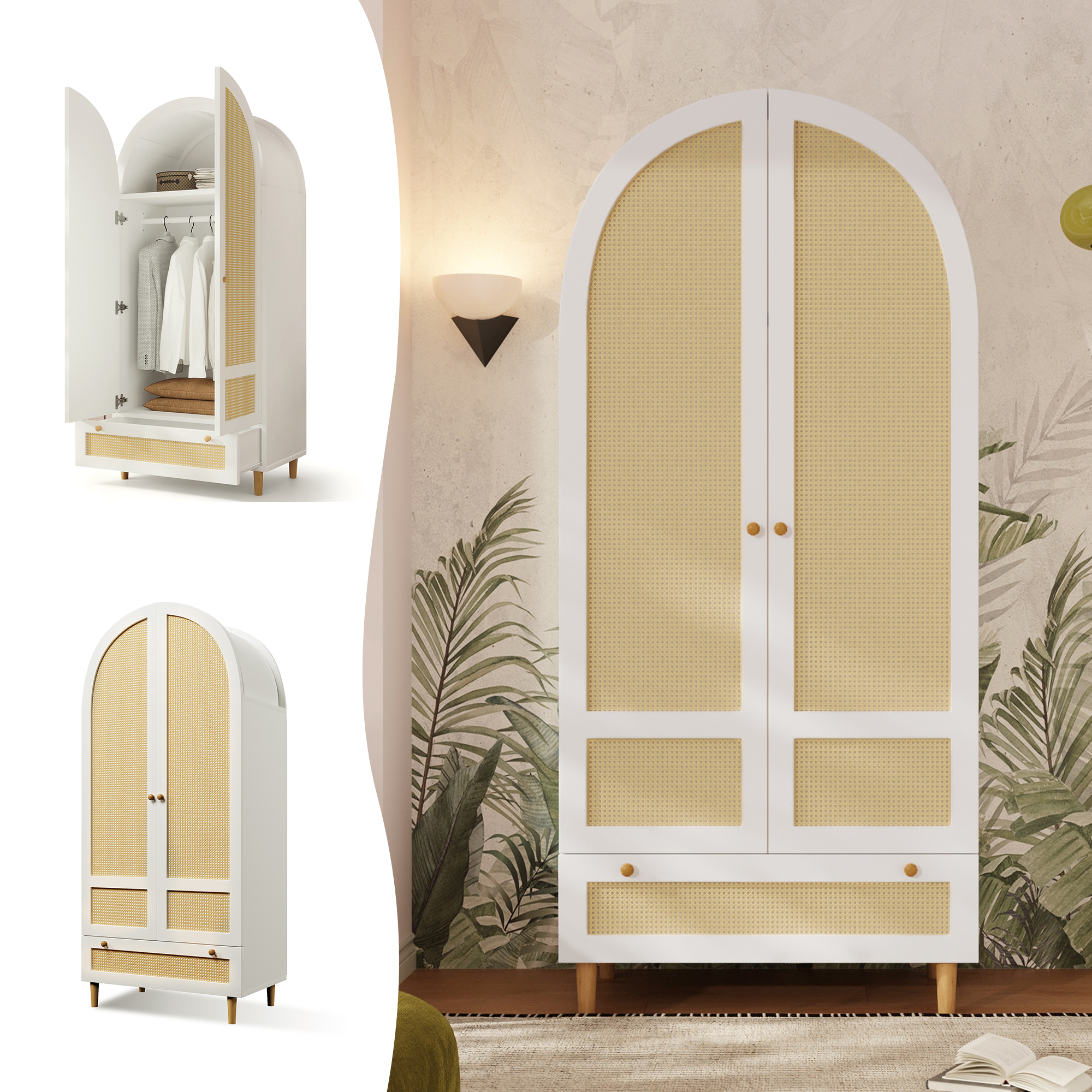 Armoire-penderie, avec tiroirs, détails en rotin, 80 x 50 x 180 cm, rotin et bois, blanc - vue 1