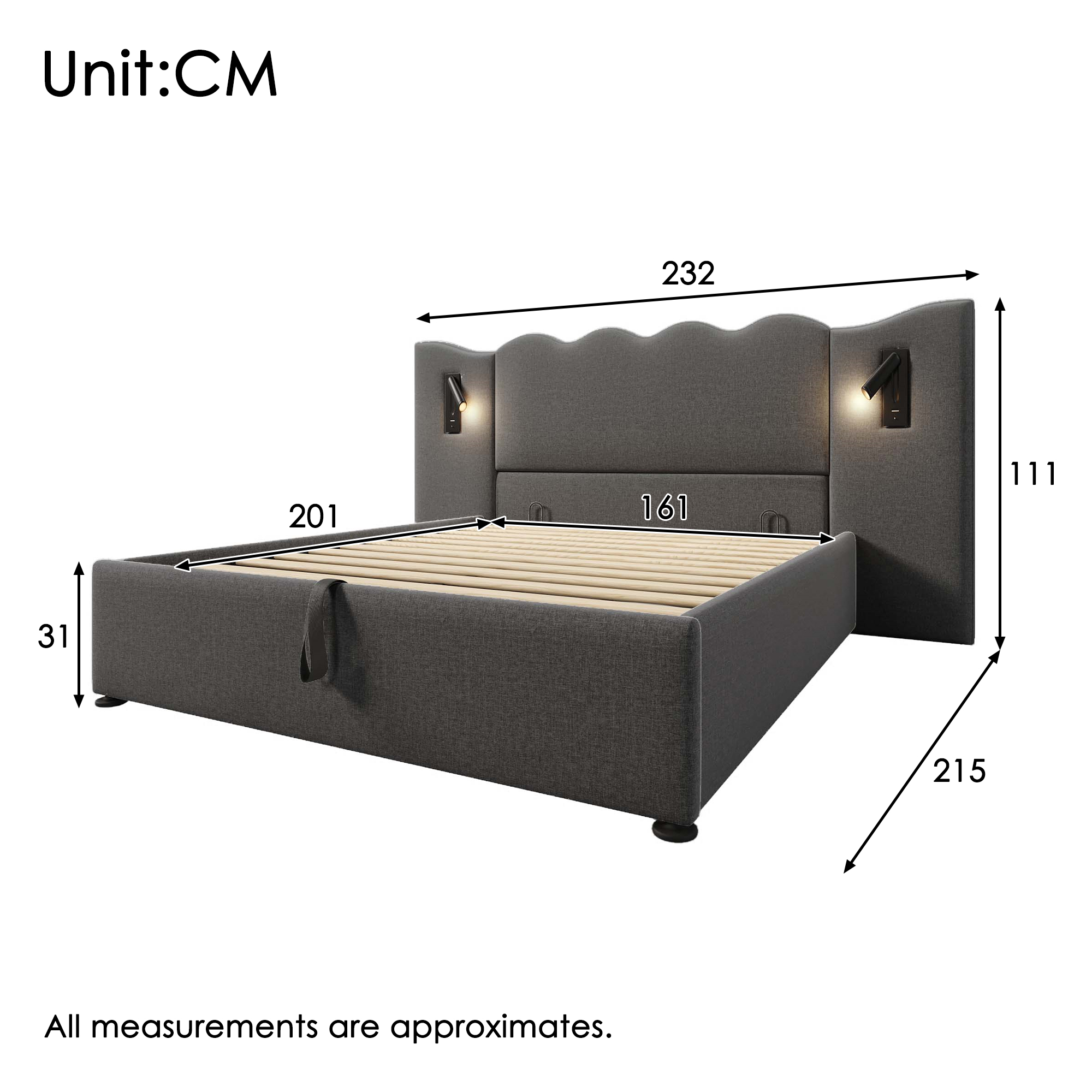Polsterbett Doppelbett 160×200 mit Leselampe und U