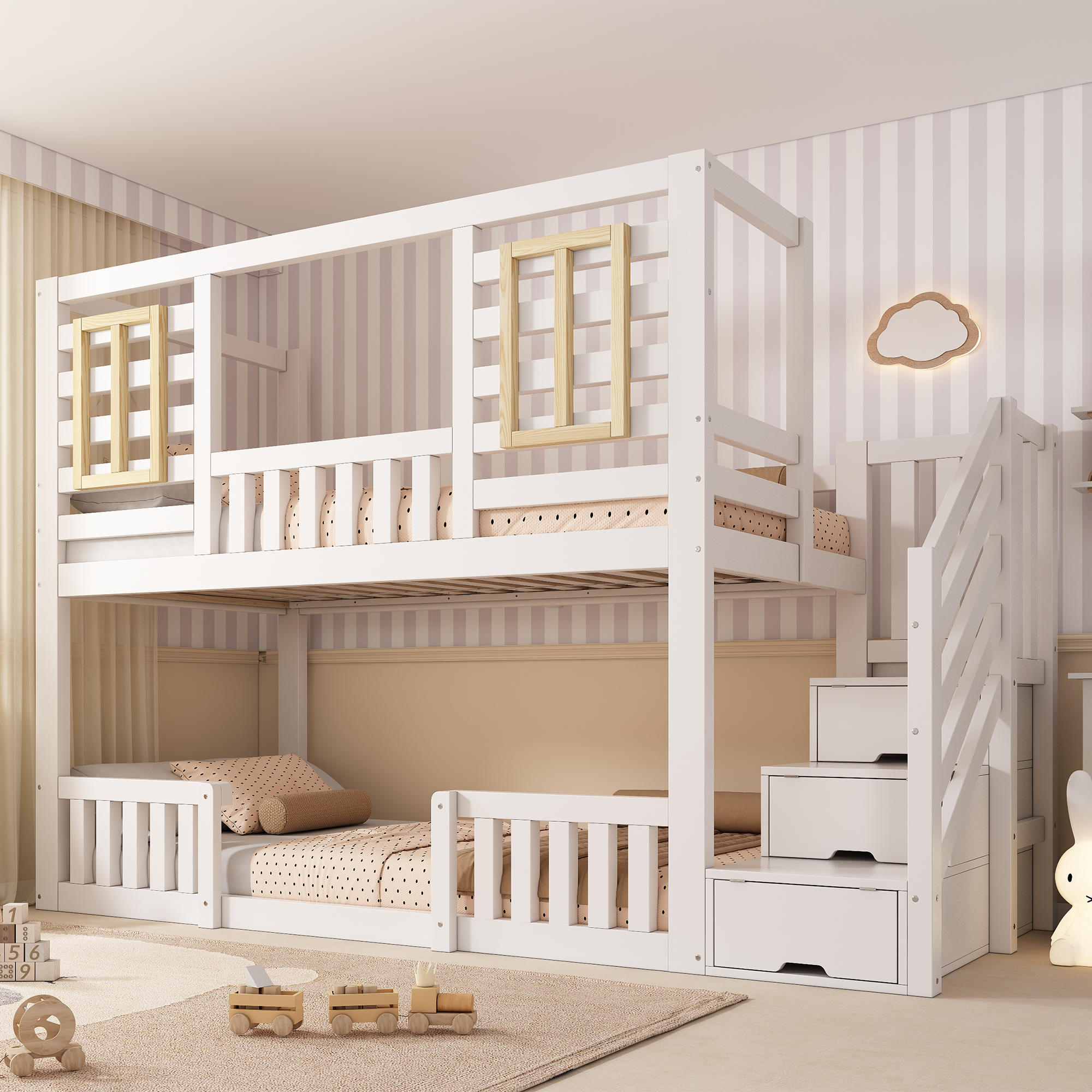 Lit superposé 90 x 200 cm, escalier de rangement, design cabane, garde-corps, bois, blanc, 254 x 95 x 170 cm 🏠 - vue principale 1