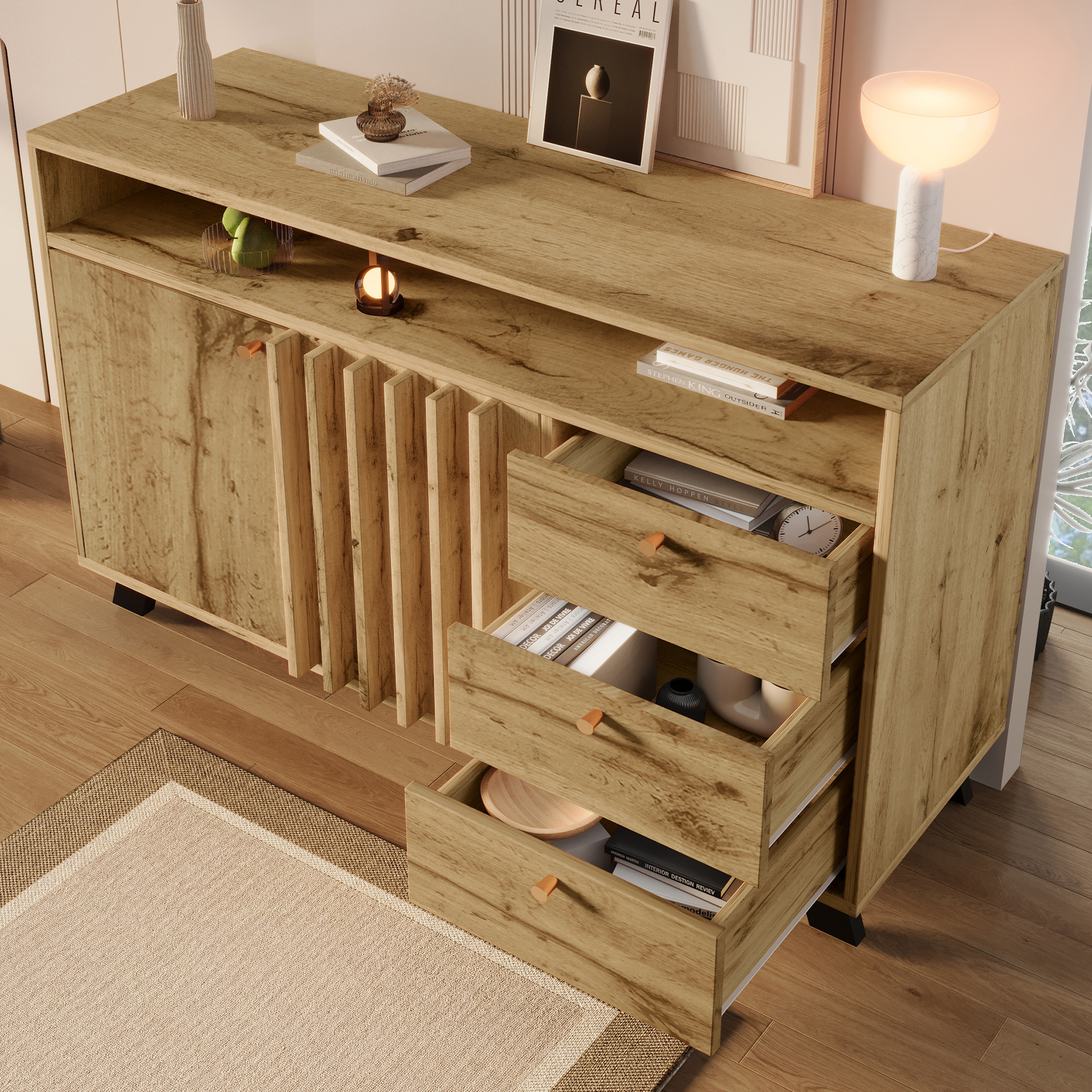Meuble de rangement, avec tiroirs, 120 x 40 x 85 cm, bois, chêne - vue 5