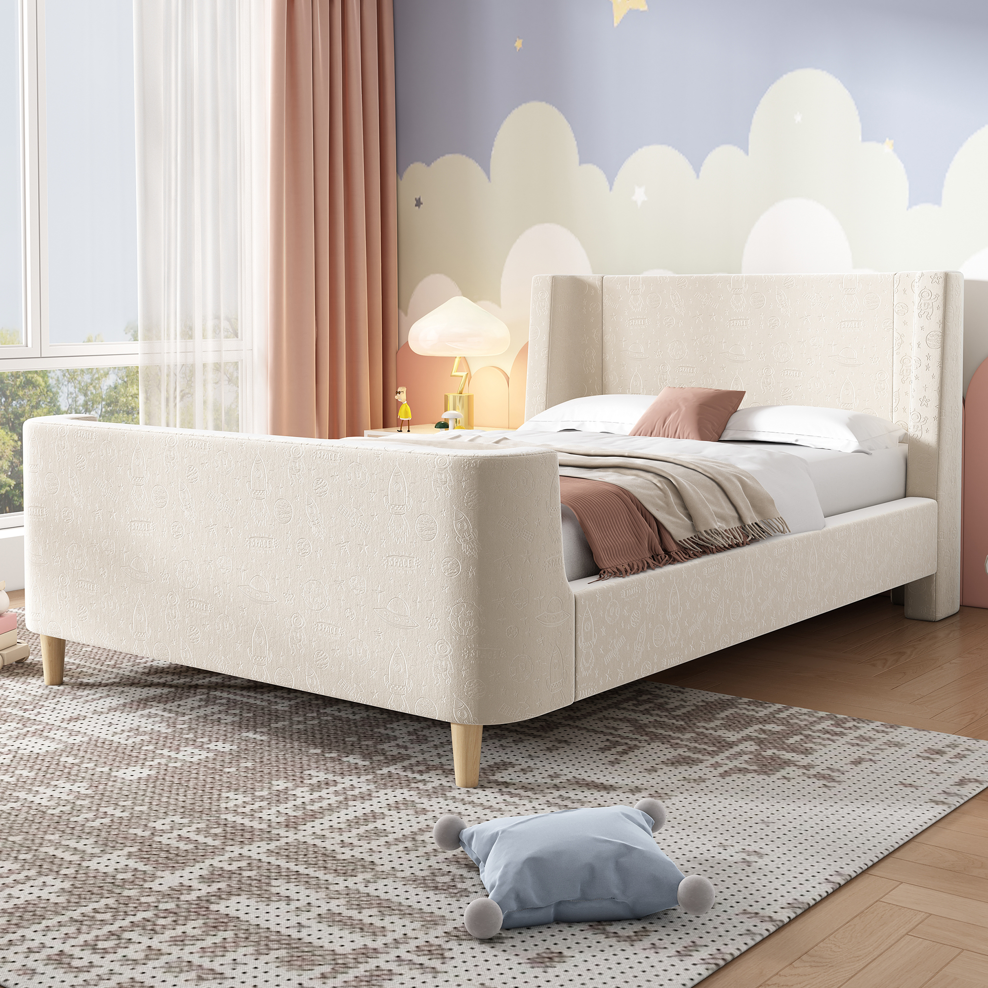 Lit enfant, 90 x 200 cm, velours, beige - vue 4