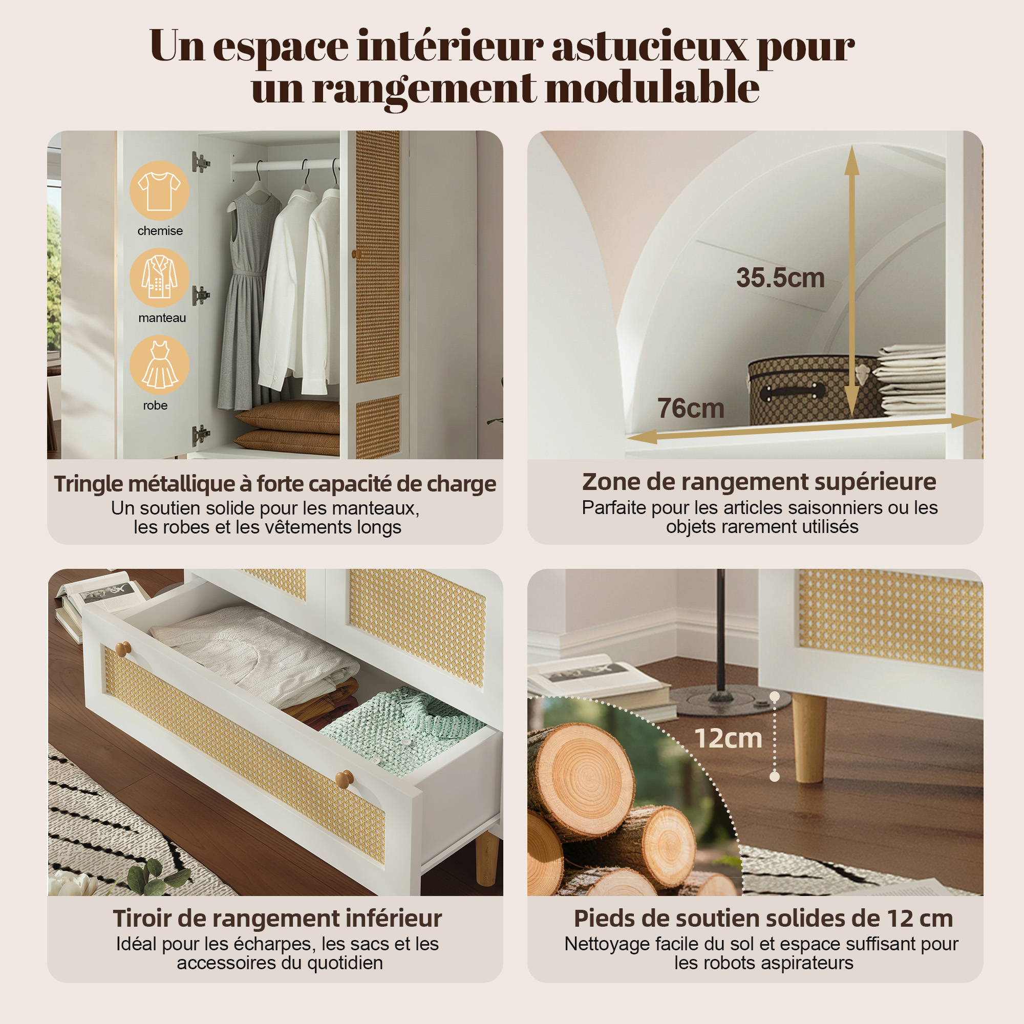 Armoire-penderie, avec tiroirs, détails en rotin, 80 x 50 x 180 cm, rotin et bois, blanc - vue 5