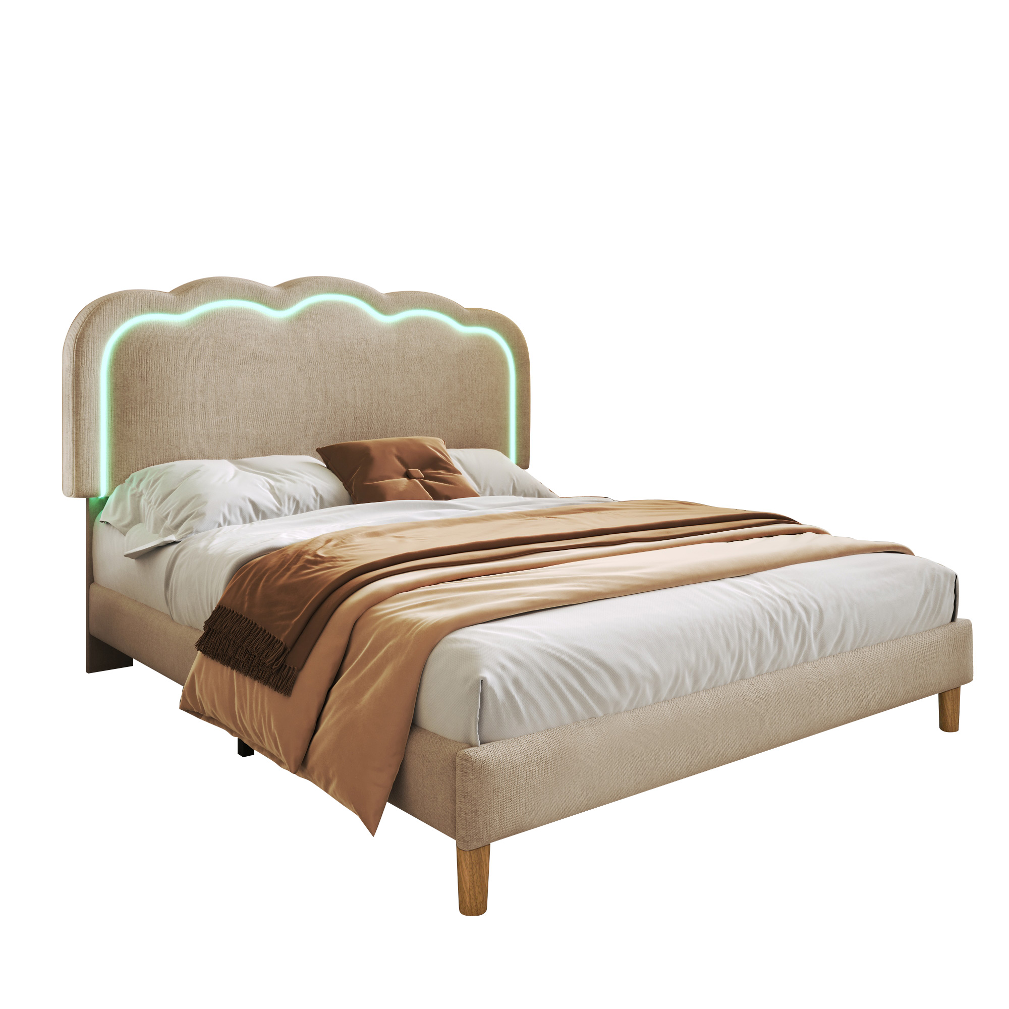 Lit avec tête de lit forme bouffée beige, LED ambiance, hauteur réglable, pour chambre, lumière douce enveloppante, atmosphère chaleureuse, design élégant, couleur beige polyvalente, confort et style moderne - image 19