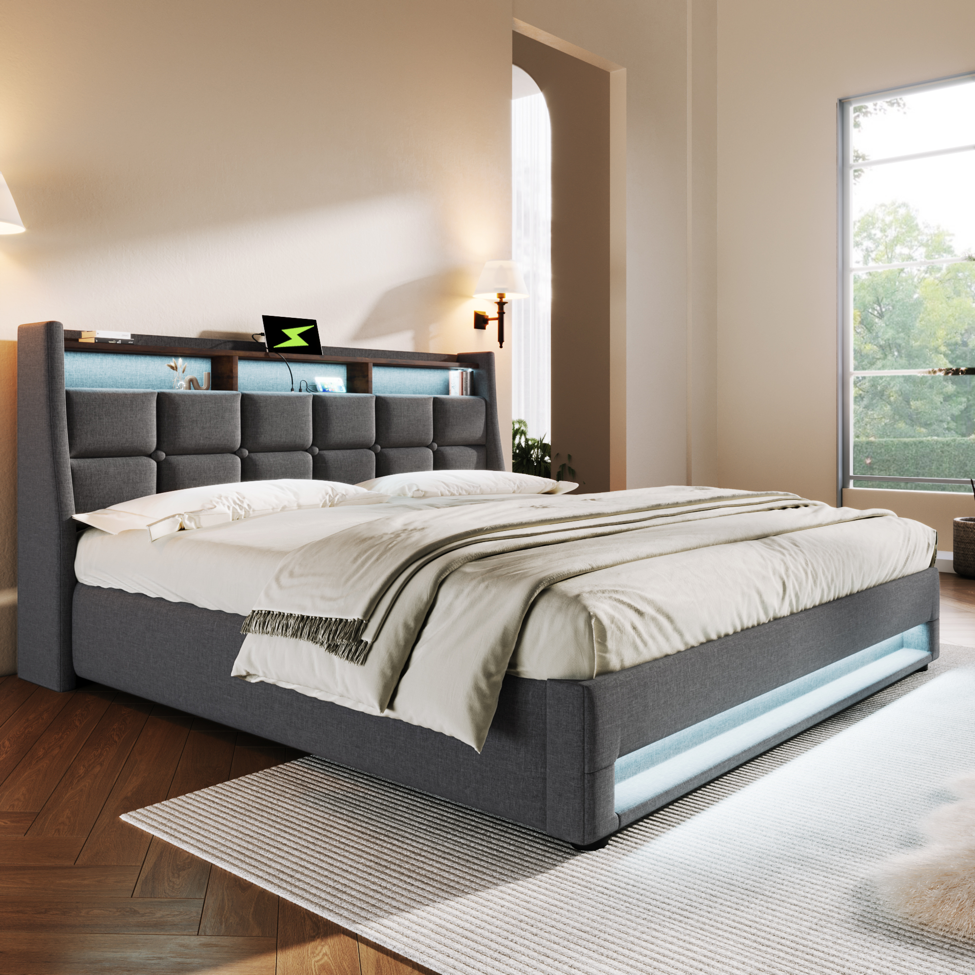 lit style vintage‑moderne revêtu tissu coton‑lin, panneaux bois motifs vintage et éclairage LED coloré