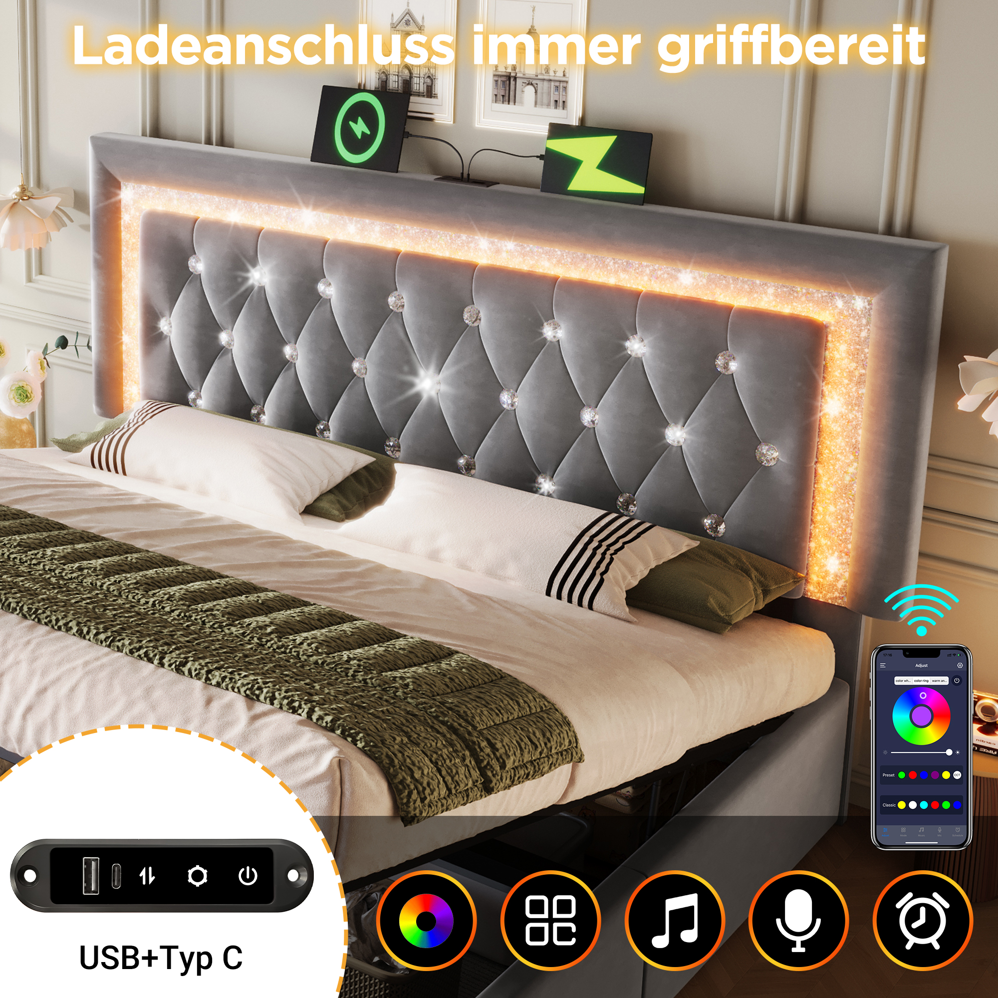 Polsterbett 140x200 cm Samt Doppelbett mit LED-Dia