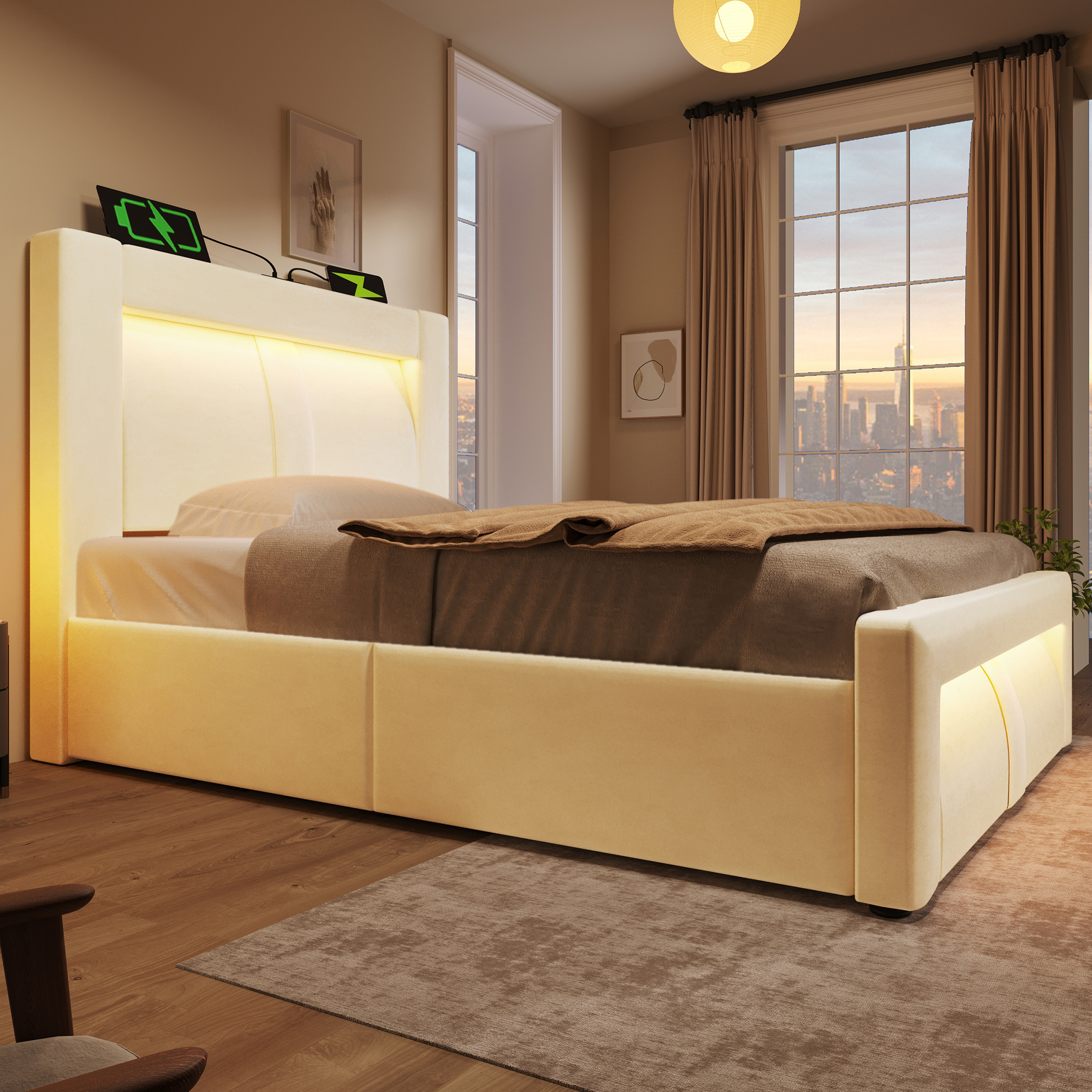 Lit coffre rembourré en velours 90 x 200 cm avec rangement hydraulique, LED, ports USB-C et sommier à lattes, Beige, sans matelas