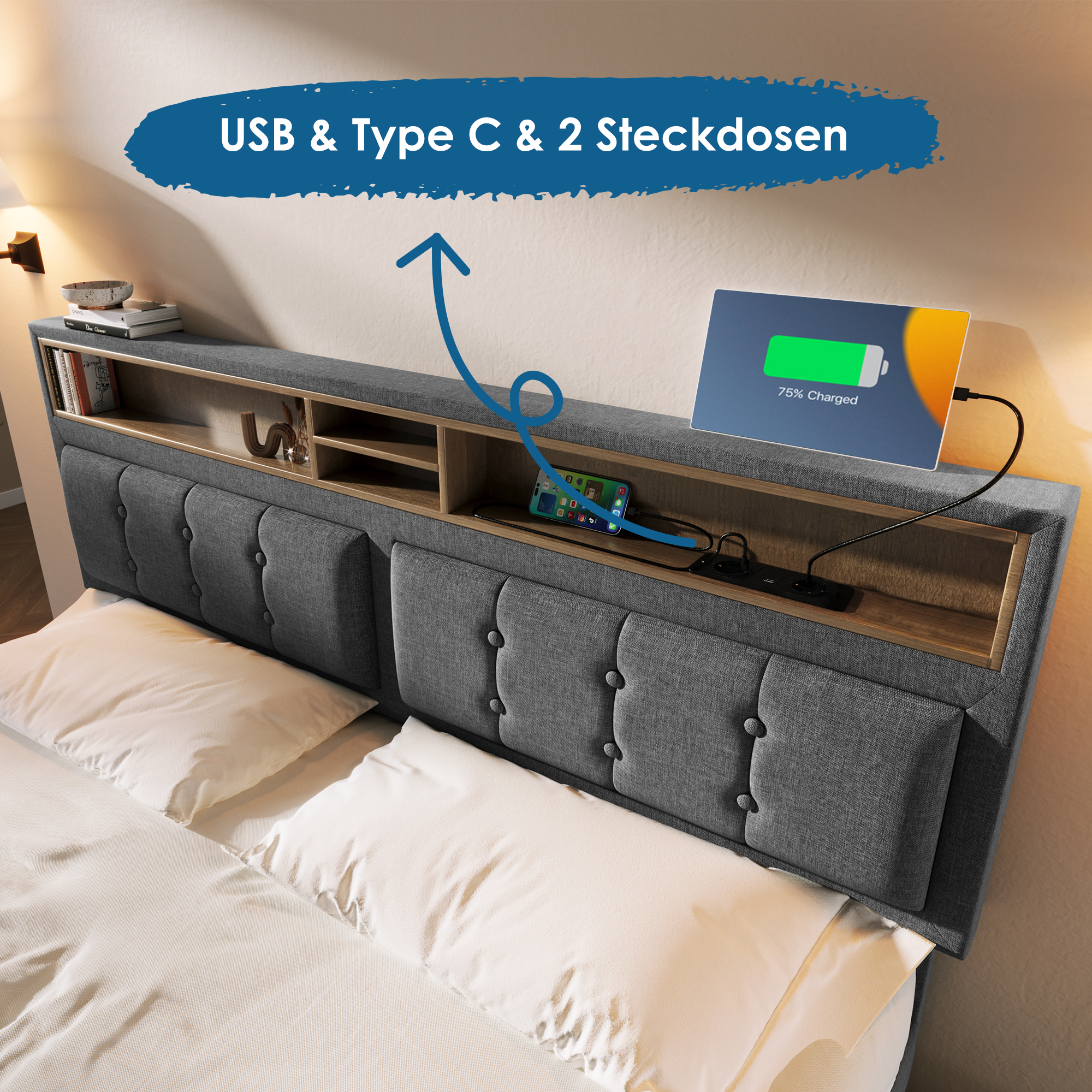 Doppelbett mit  4 Schubladen& USB C Steckdose, Pol