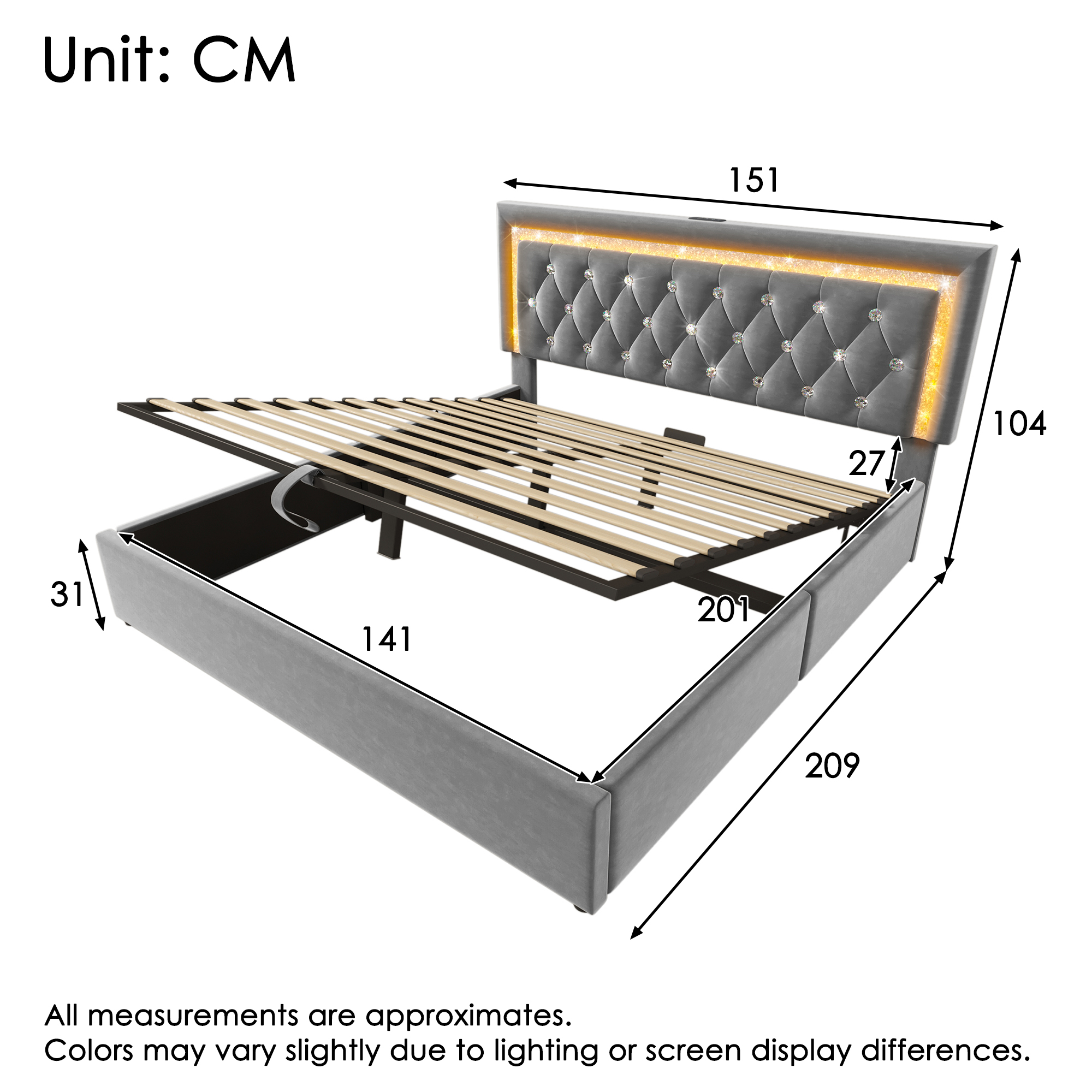 Polsterbett 140x200 cm Samt Doppelbett mit LED-Dia