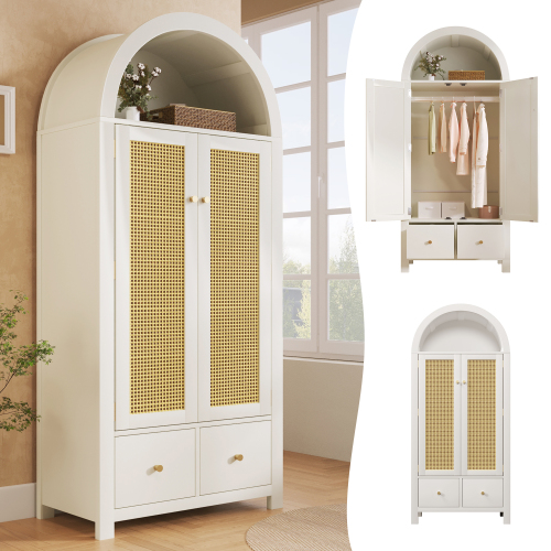 Armoire arquée blanche avec portes effet rotin