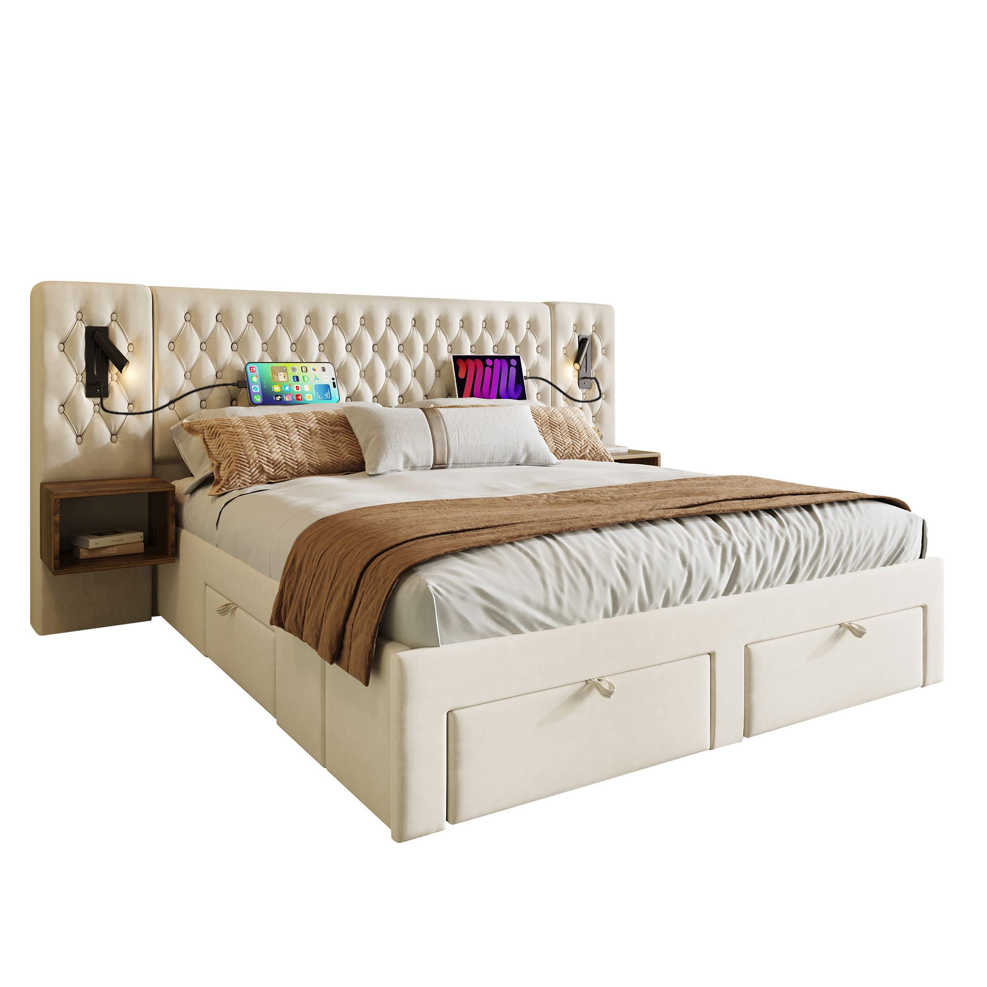 Lit 180 x 200 cm avec LED, USB Type-C, rangements, 4 tiroirs finition beige 🏠 - spécifications 1