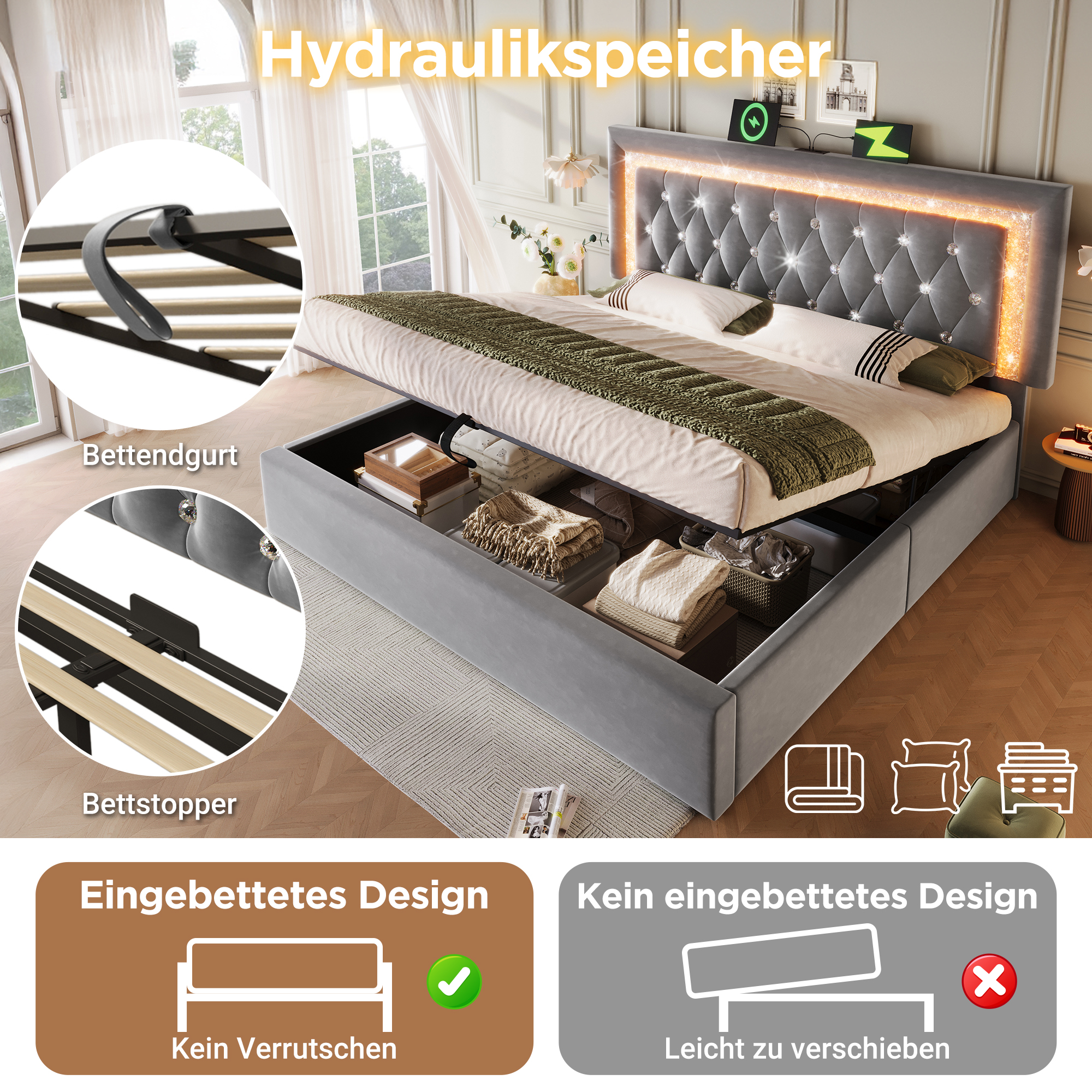 Polsterbett 140x200 cm Samt Doppelbett mit LED-Dia