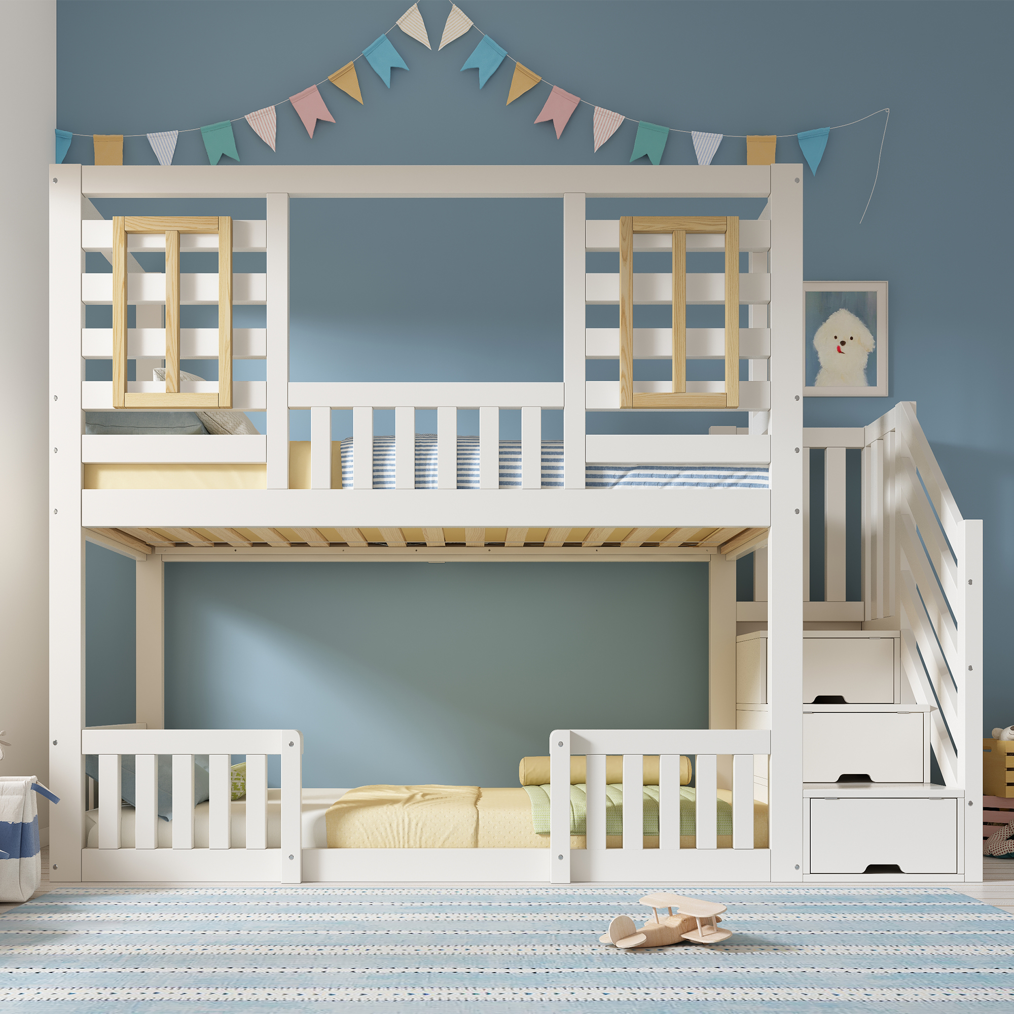 Lit superposé 90 x 200 cm, escalier de rangement, design cabane, garde-corps, bois, blanc, 254 x 95 x 170 cm 🏠 - présentation 1