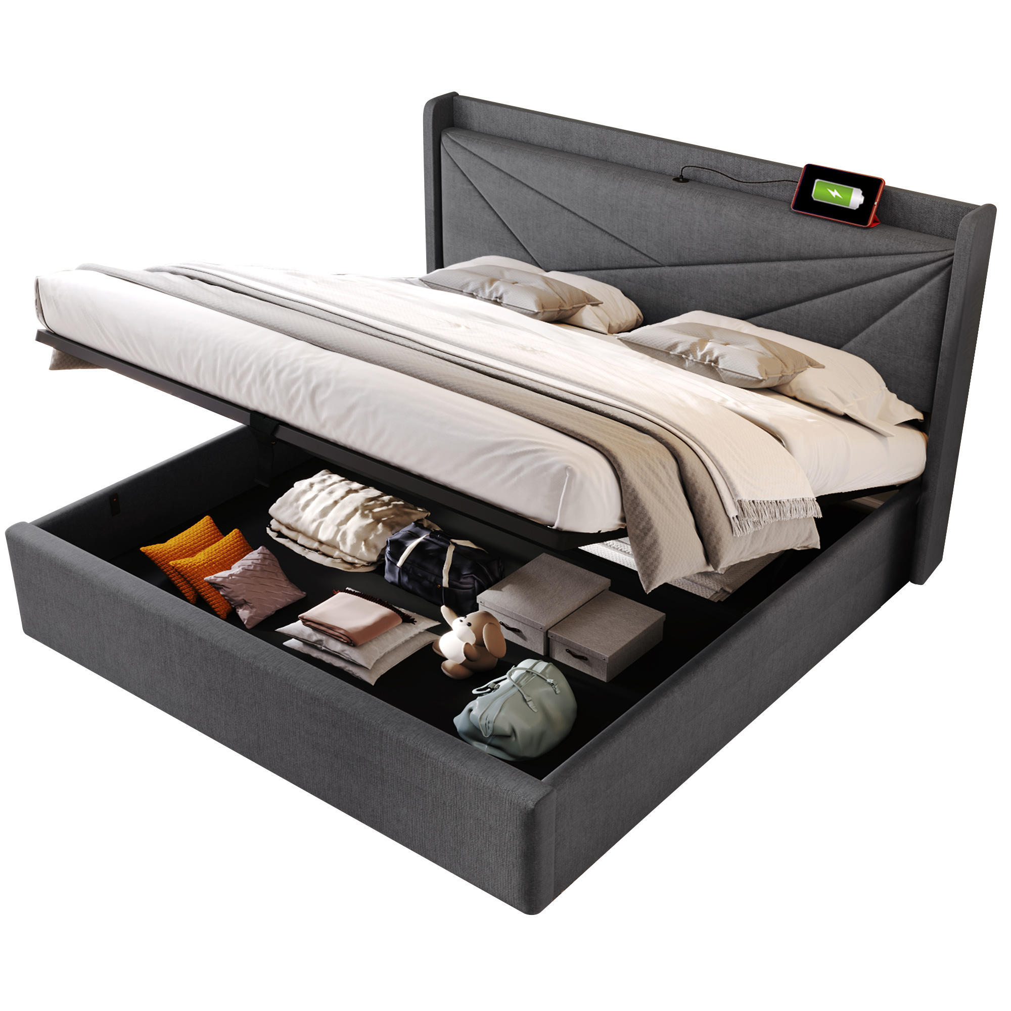 Lit rembourré double 180 x 200 cm, tête USB Type-C, coffre, lin gris, 208 x 186 x 107 cm