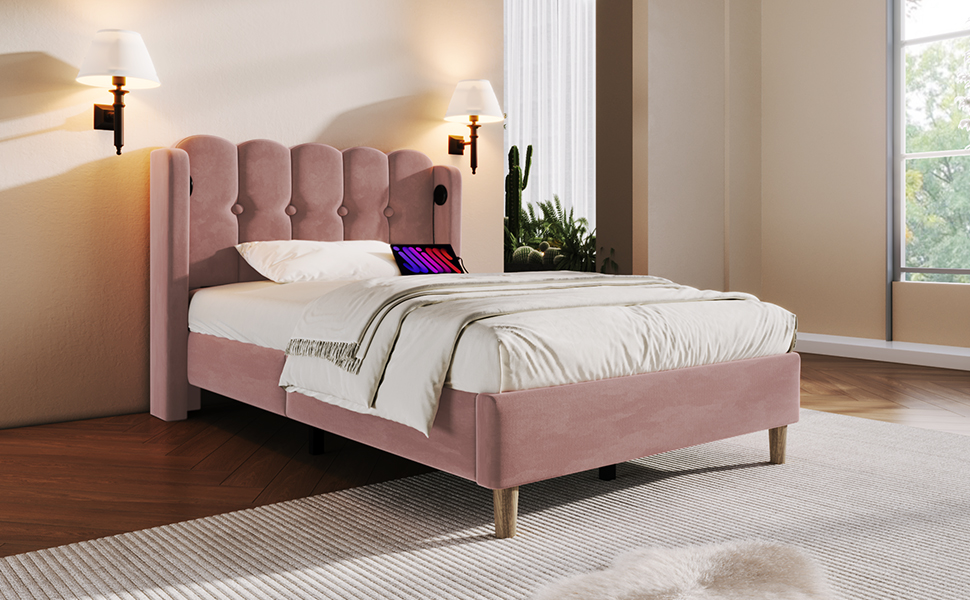 Matelas 406 ressorts + 2 mousses certifiée Oeko-Tex, lit avec tête de lit design panneau en velours rose, style rustique chaleureux, pour chambre, sommeil confortable, couleur rose clair, design élégant - image 19