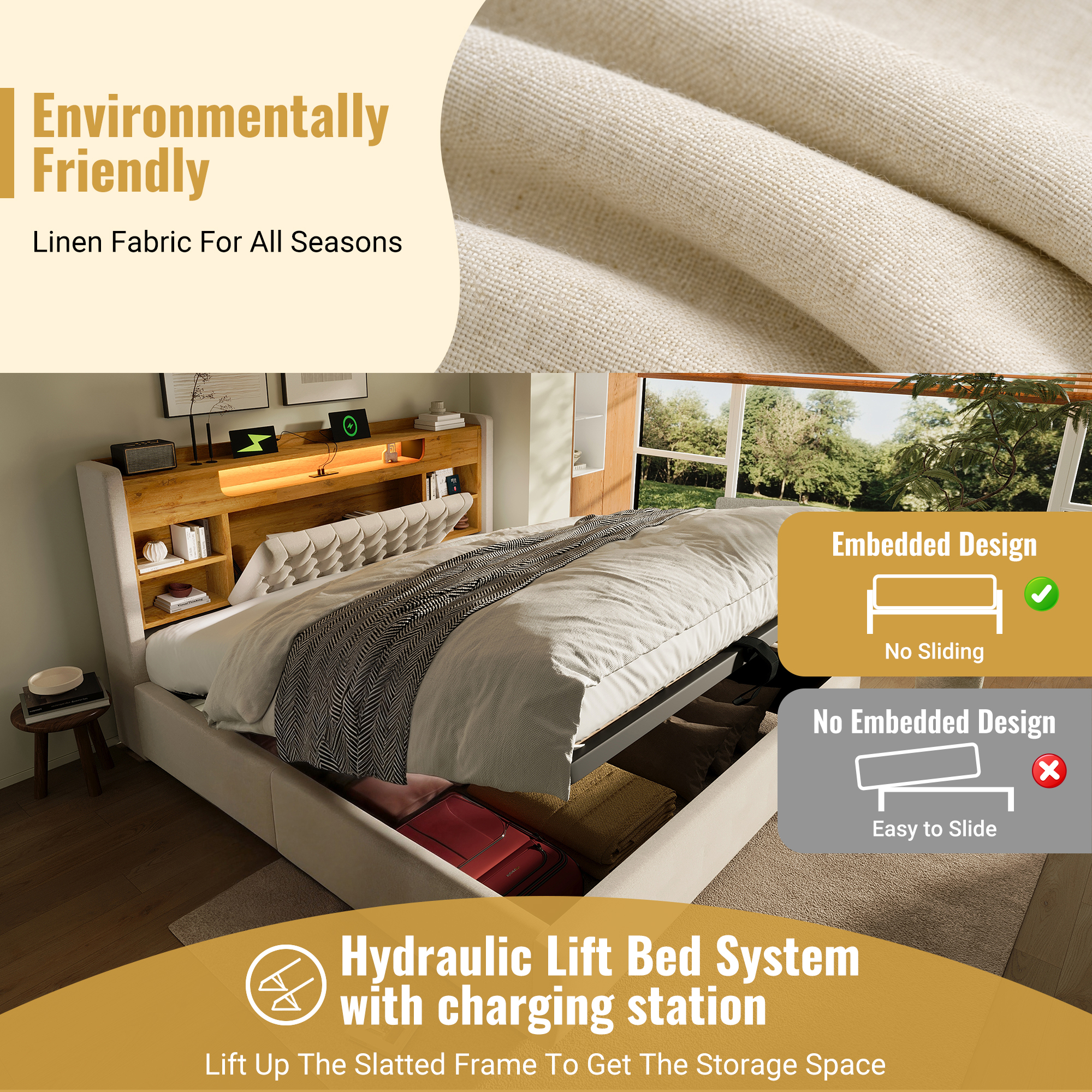 Lit rembourré 90 x 200 cm avec éclairage LED, port USB / Type-C, rangements intégrés, rangement hydraulique, beige - spécifications 1