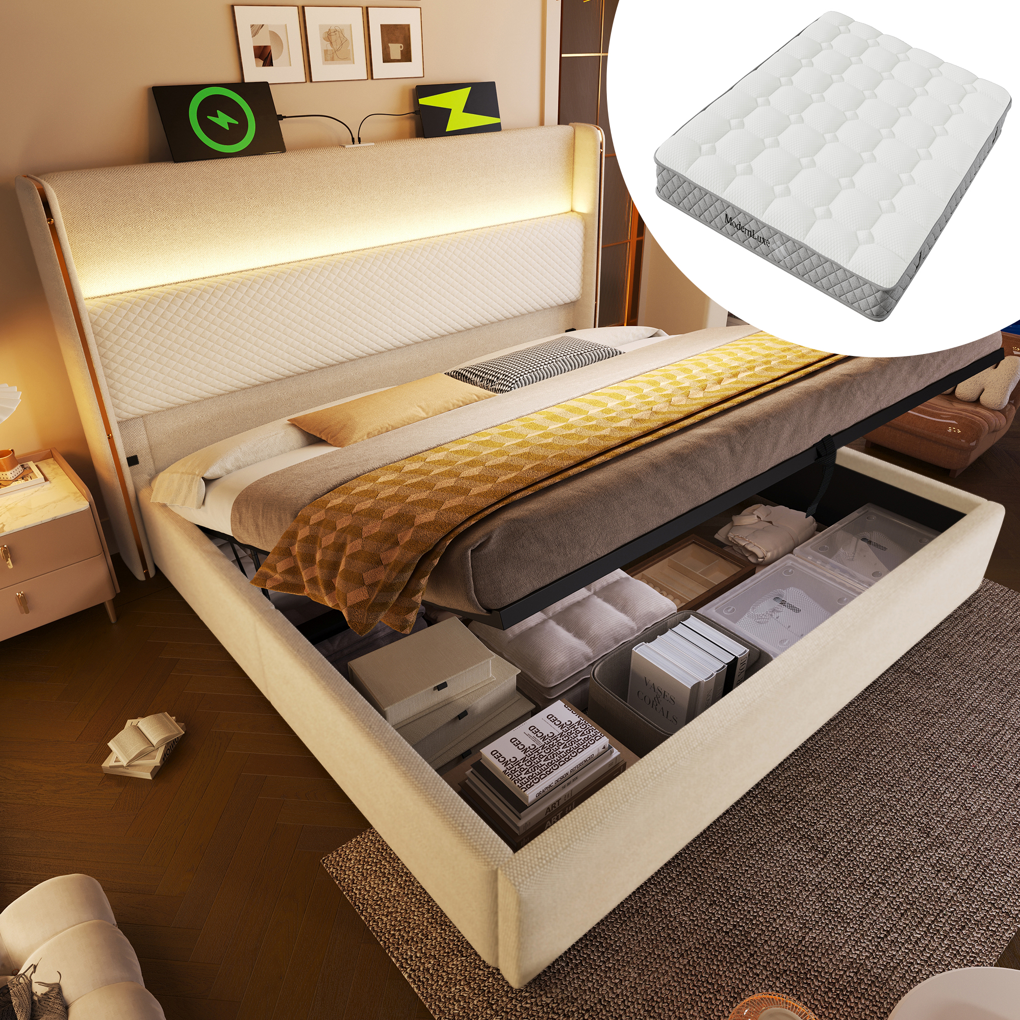 Modernes Hydraulisches Bett mit Hohem Kopfteil, 14