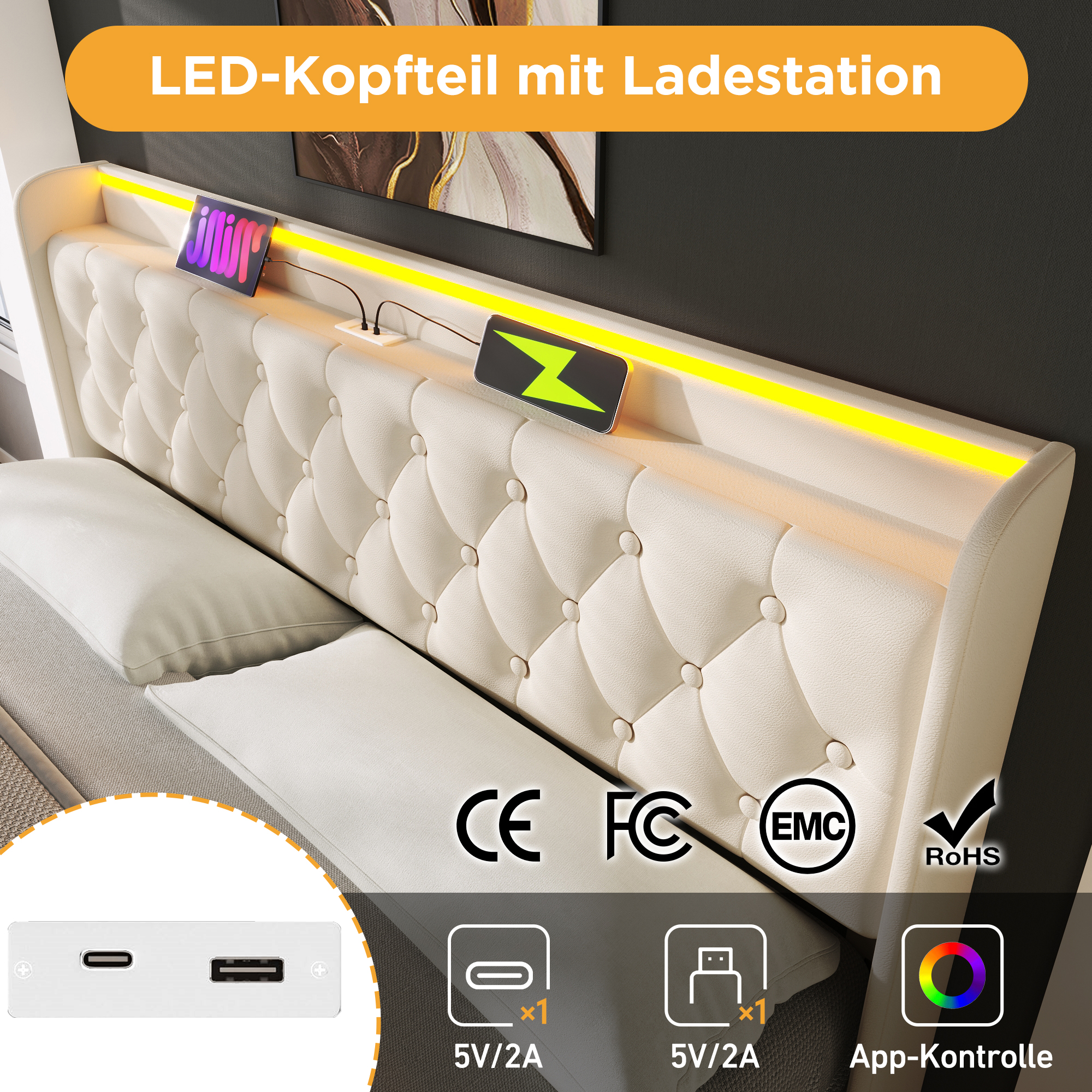 Polsterbett Doppelbett, 360-Surround-LED-Funktion,